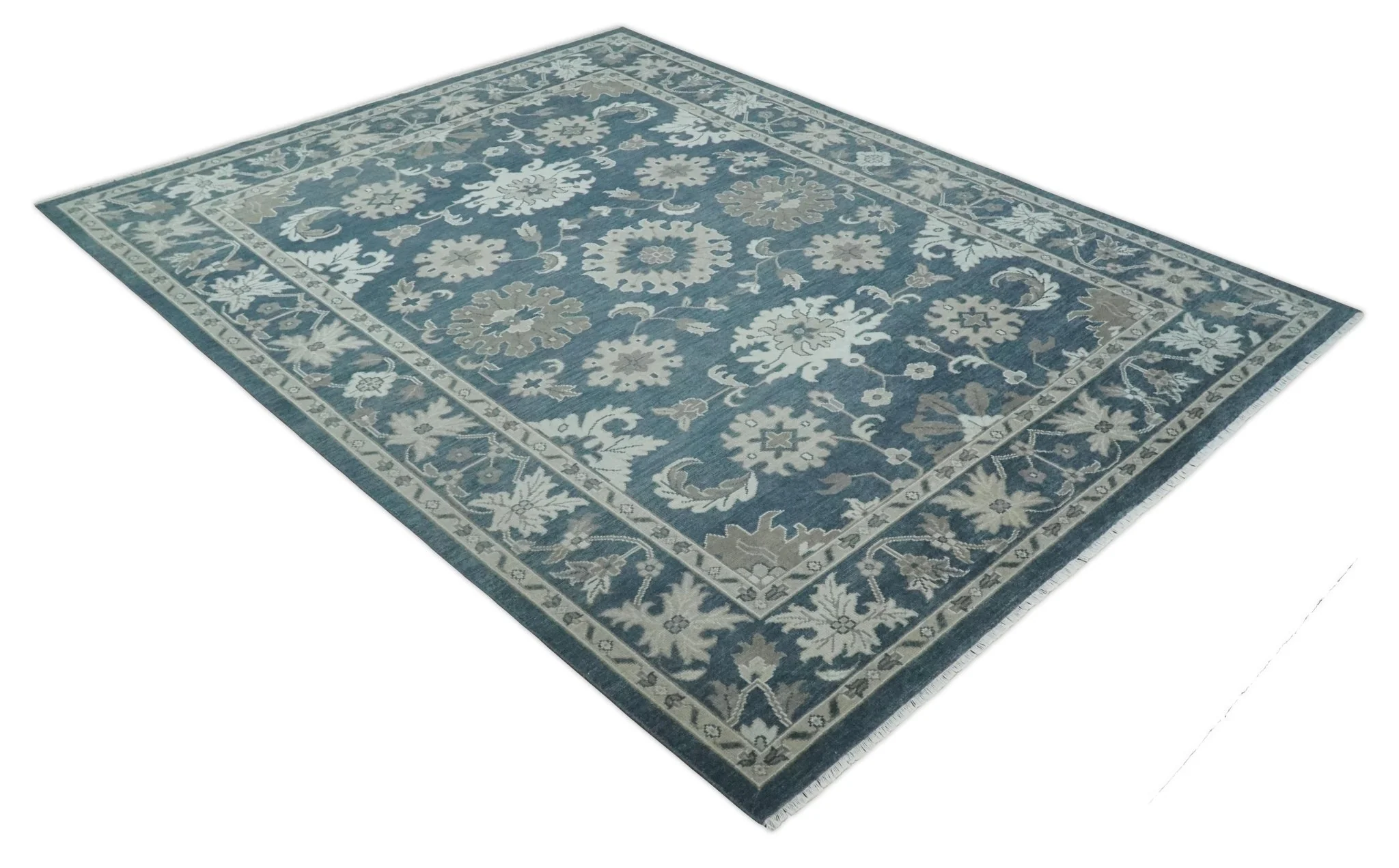 9x12 Hand Knotted Teal and Silver Traditional Oushak Wool Area Rug - Image 9