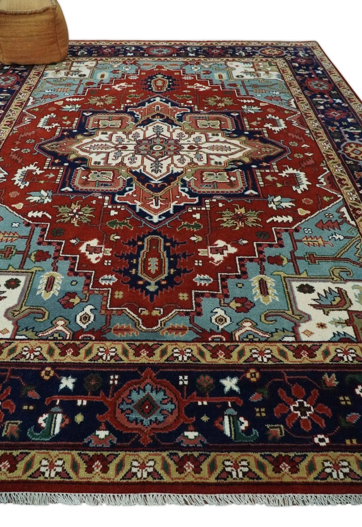 Large 9x12 Rust and Blue Hand Knotted Traditional Wool Rug - Image 3