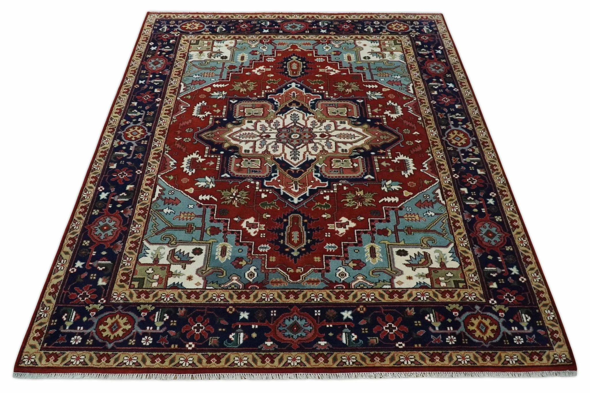 Large 9x12 Rust and Blue Hand Knotted Traditional Wool Rug - Image 9