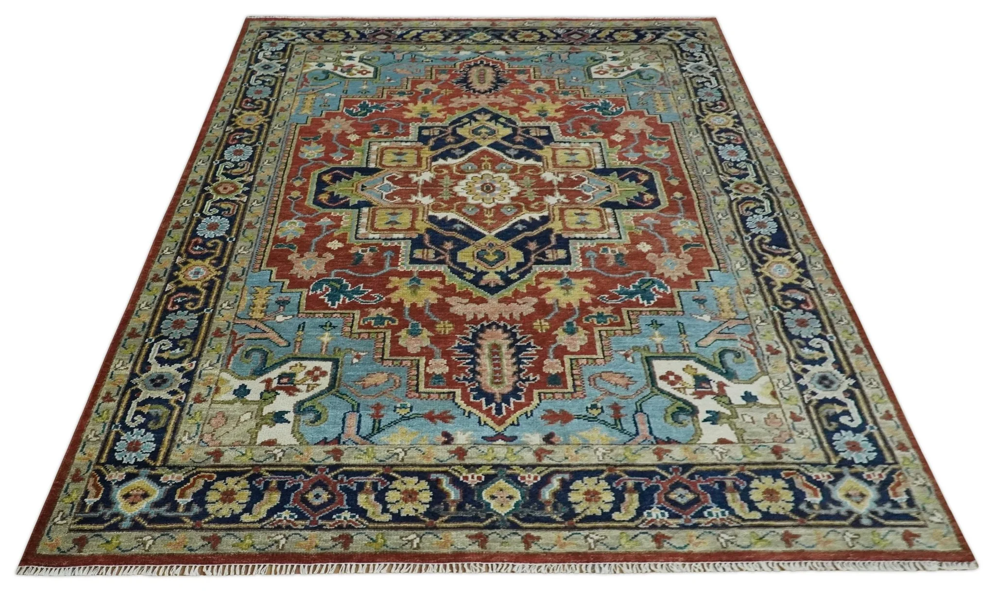 Ready to Ship 9x12 Rust and Blue Traditional Vintage Style Hand Knotted Wool Area Rug - Image 10