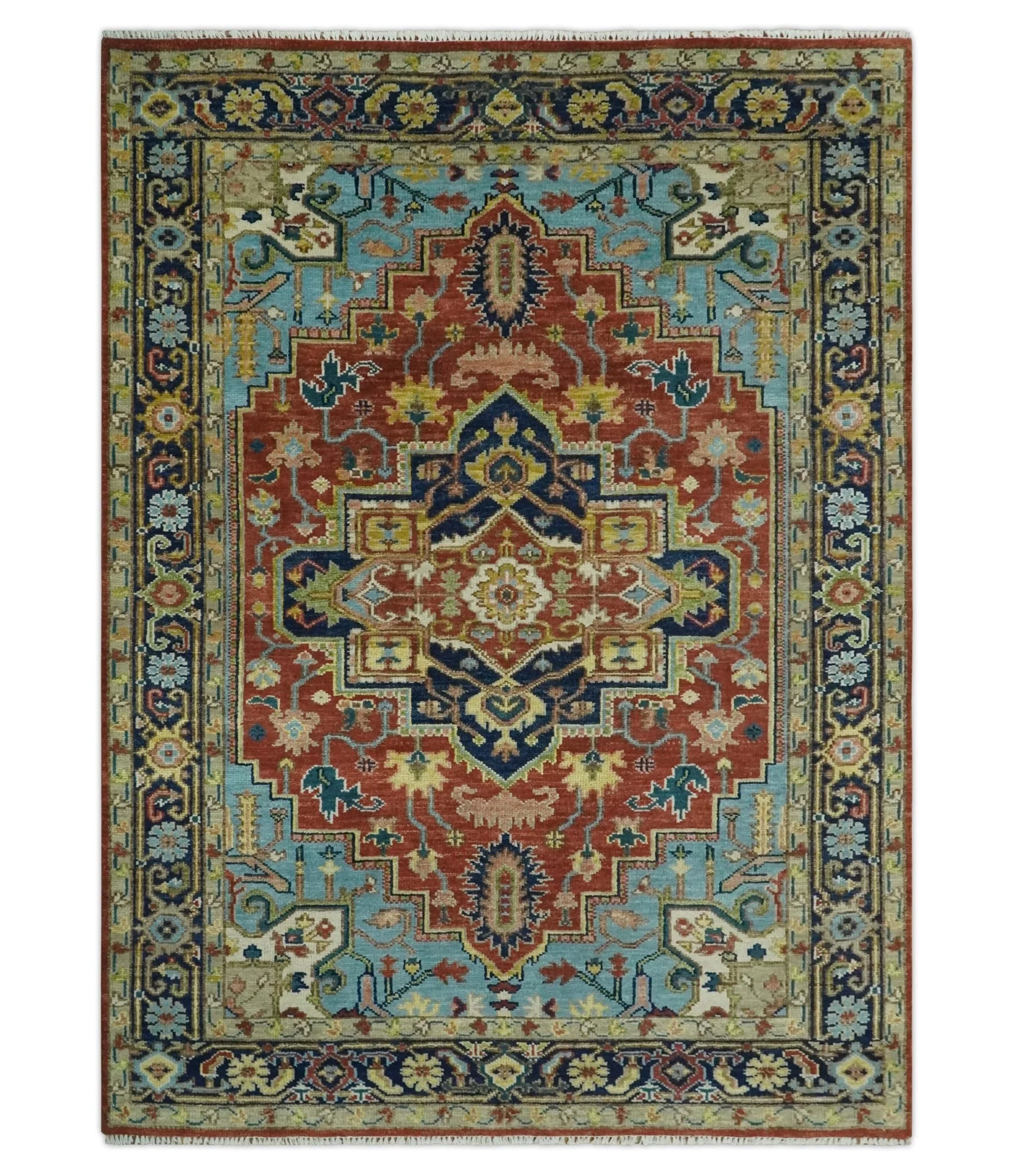 Ready to Ship 9x12 Rust and Blue Traditional Vintage Style Hand Knotted Wool Area Rug - Image 11