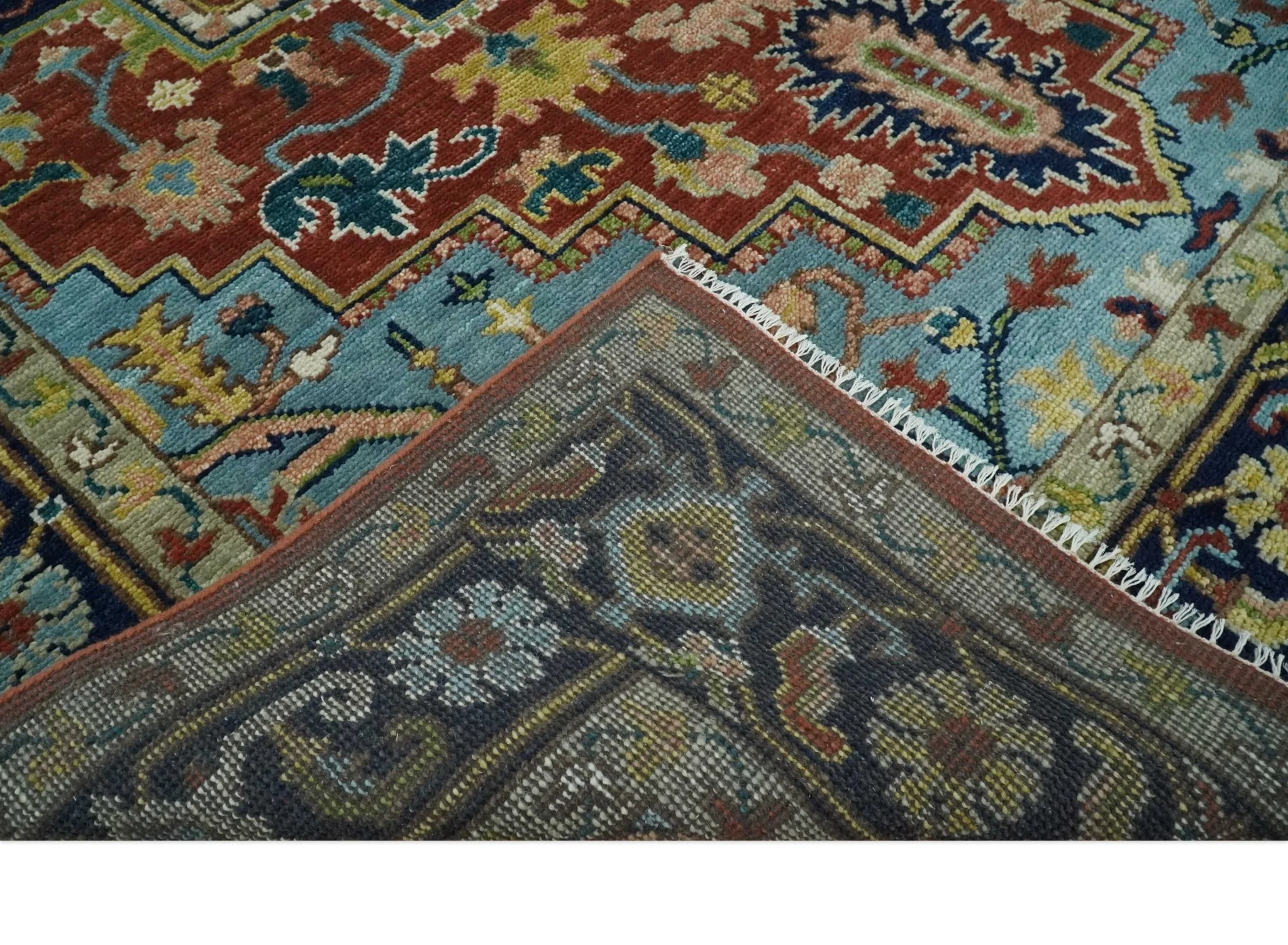 Ready to Ship 9x12 Rust and Blue Traditional Vintage Style Hand Knotted Wool Area Rug - Image 6