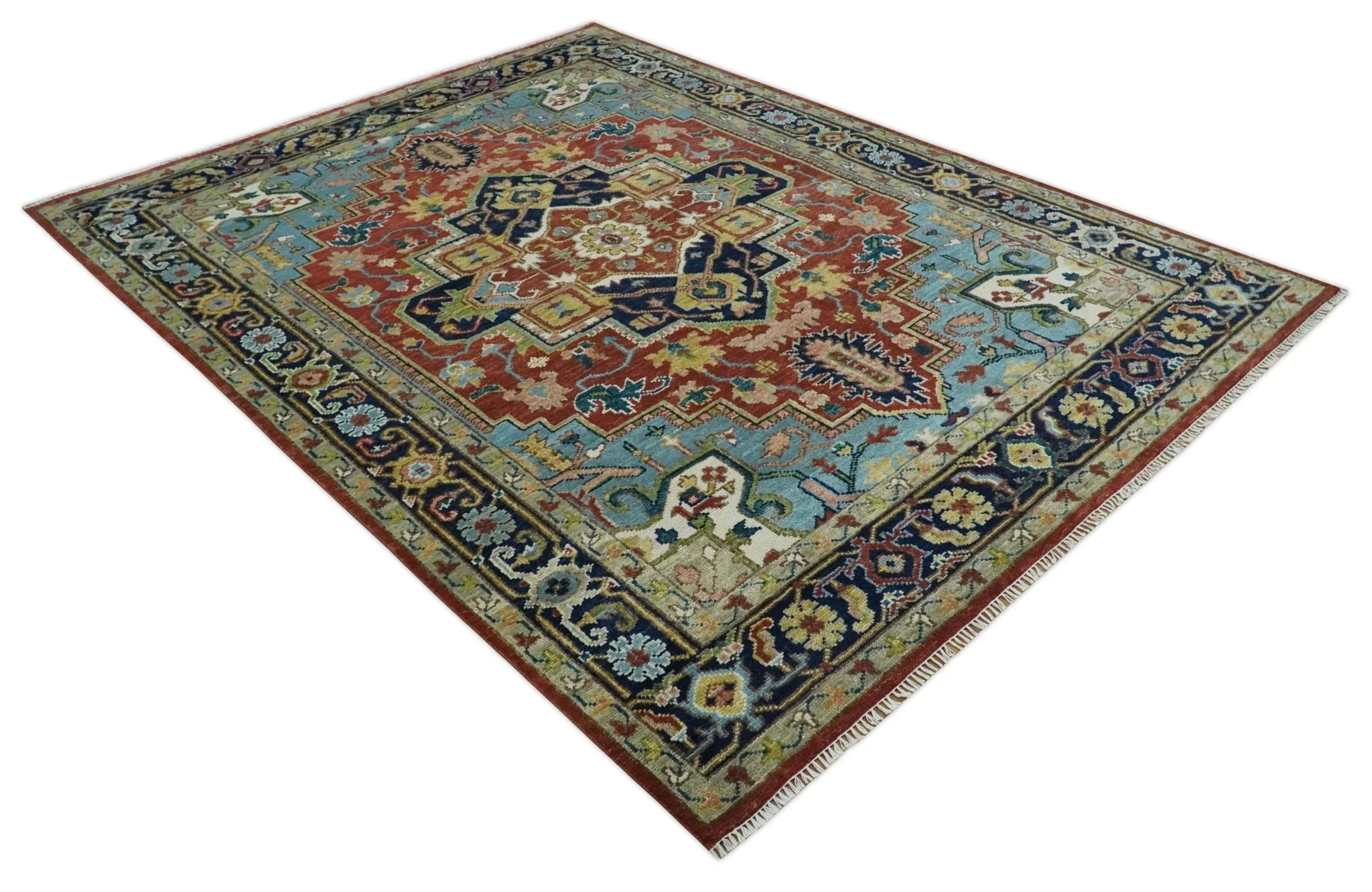Ready to Ship 9x12 Rust and Blue Traditional Vintage Style Hand Knotted Wool Area Rug - Image 9