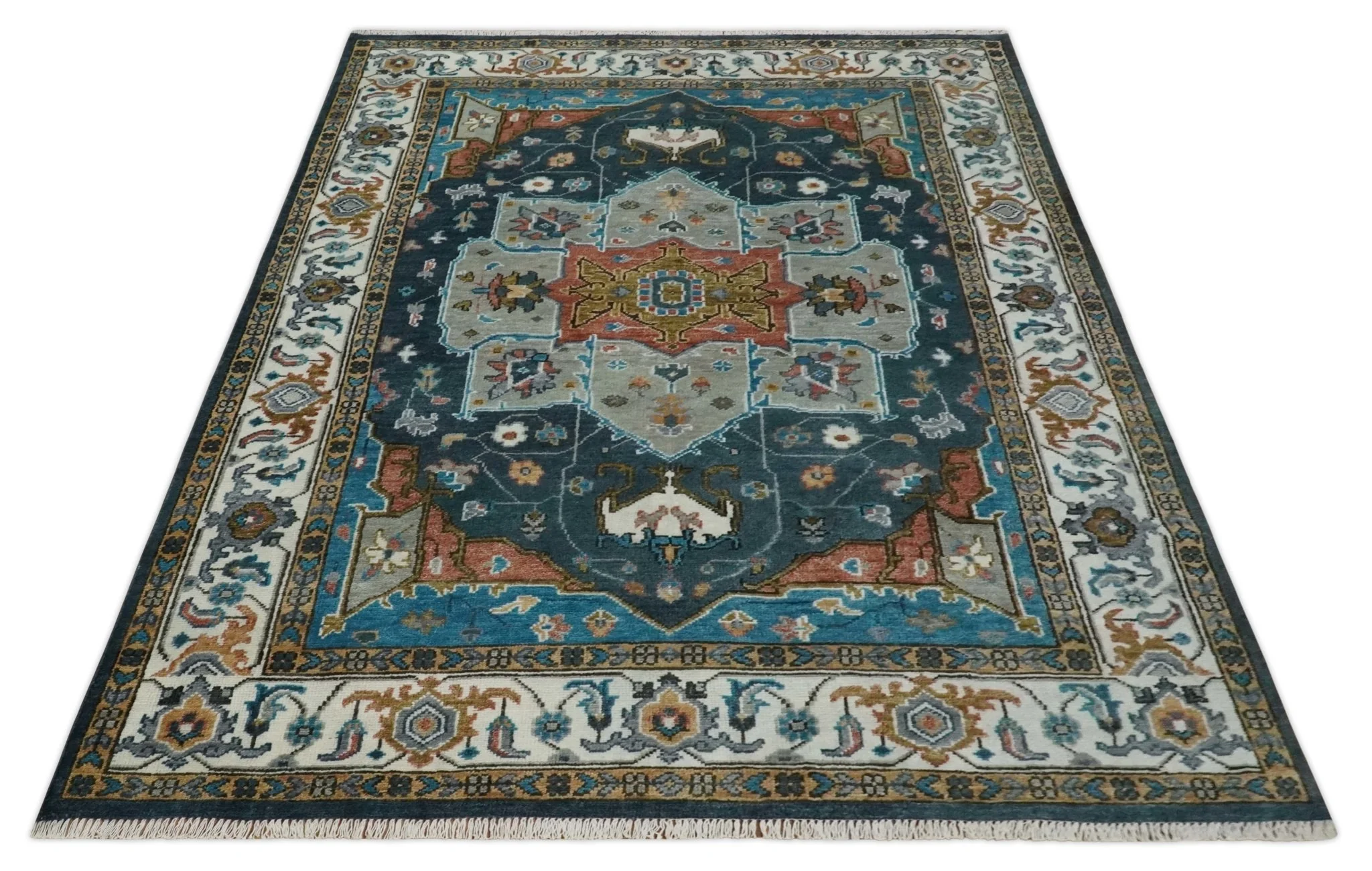 9x12 Rust, Silver, Blue and Ivory Hand Knotted Traditional Heriz Serapi Wool Area Rug - Image 10
