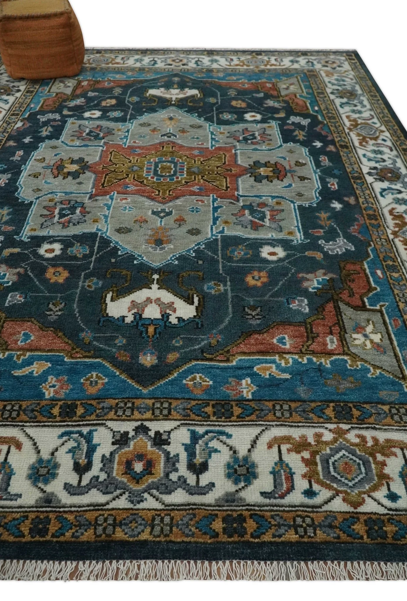 9x12 Rust, Silver, Blue and Ivory Hand Knotted Traditional Heriz Serapi Wool Area Rug - Image 3