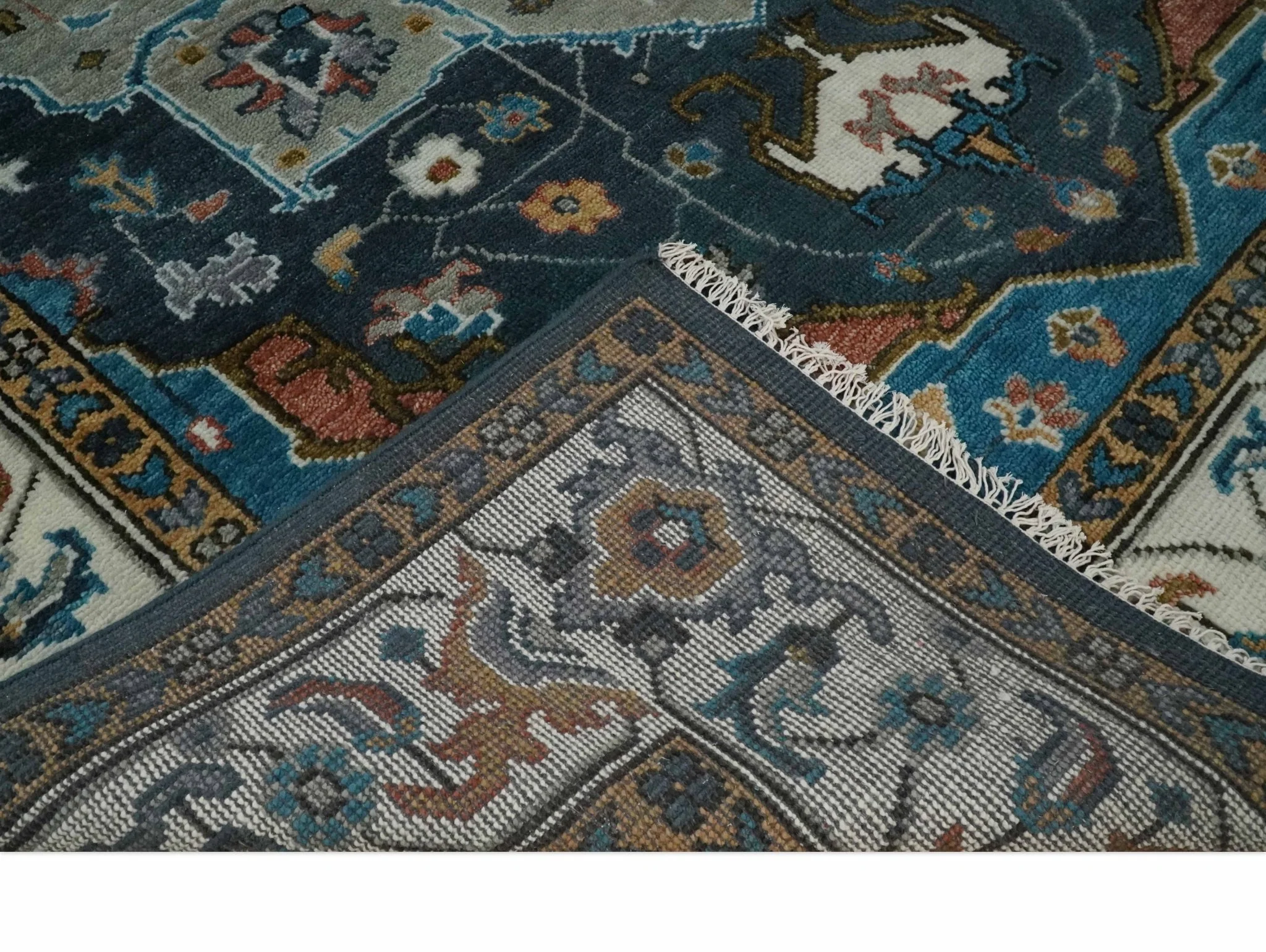 9x12 Rust, Silver, Blue and Ivory Hand Knotted Traditional Heriz Serapi Wool Area Rug - Image 7