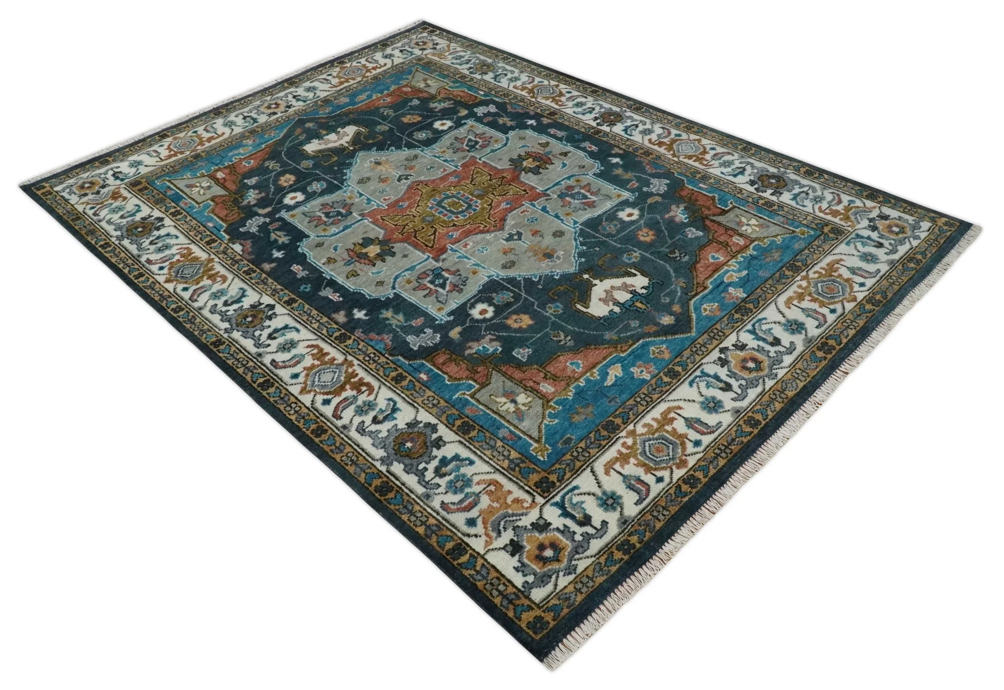 9x12 Rust, Silver, Blue and Ivory Hand Knotted Traditional Heriz Serapi Wool Area Rug - Image 9