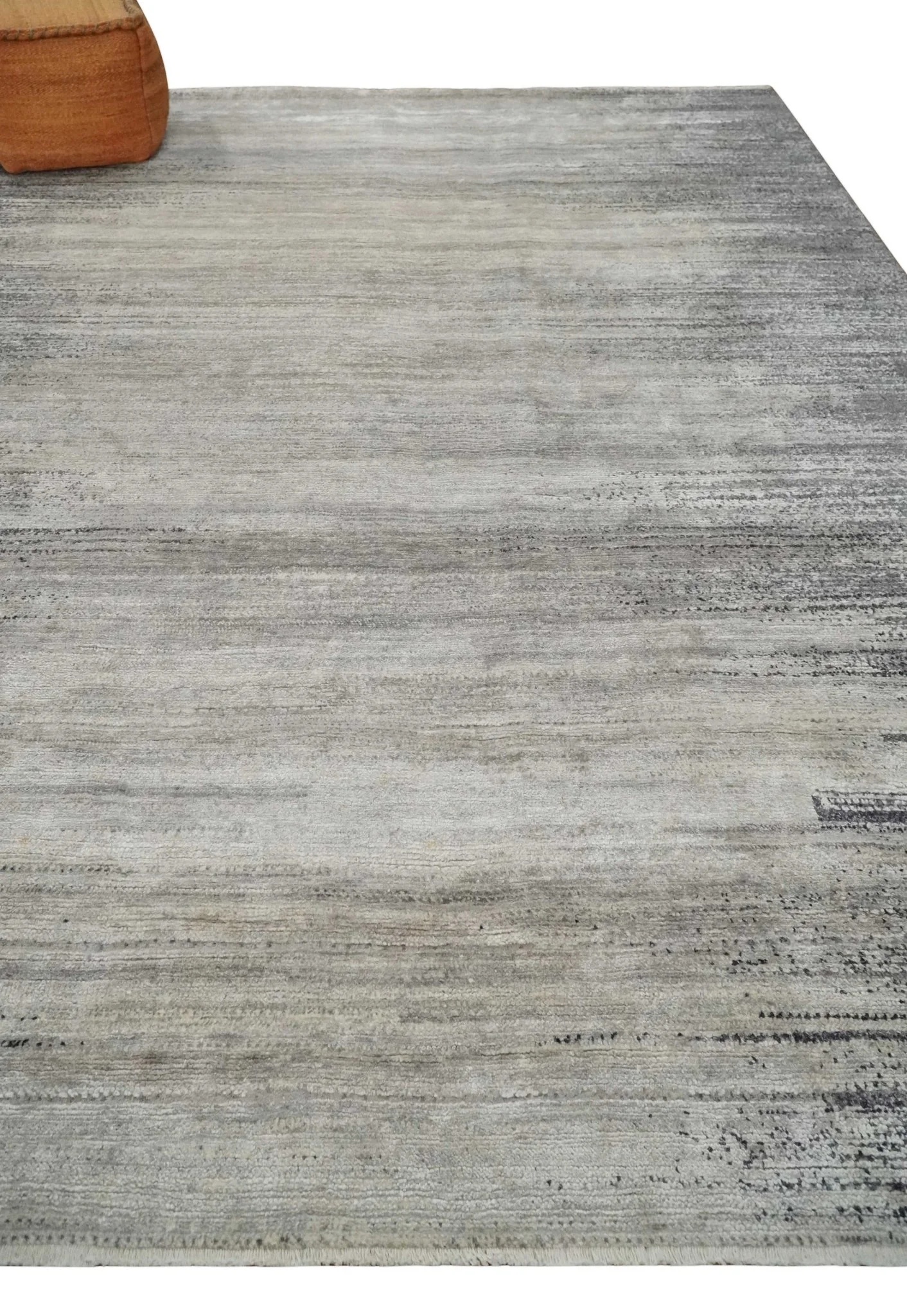 Contemporary Abstract 9x12 Hand Knotted Silver and Charcoal Wool and Bamboo Silk Area Rug - Image 3