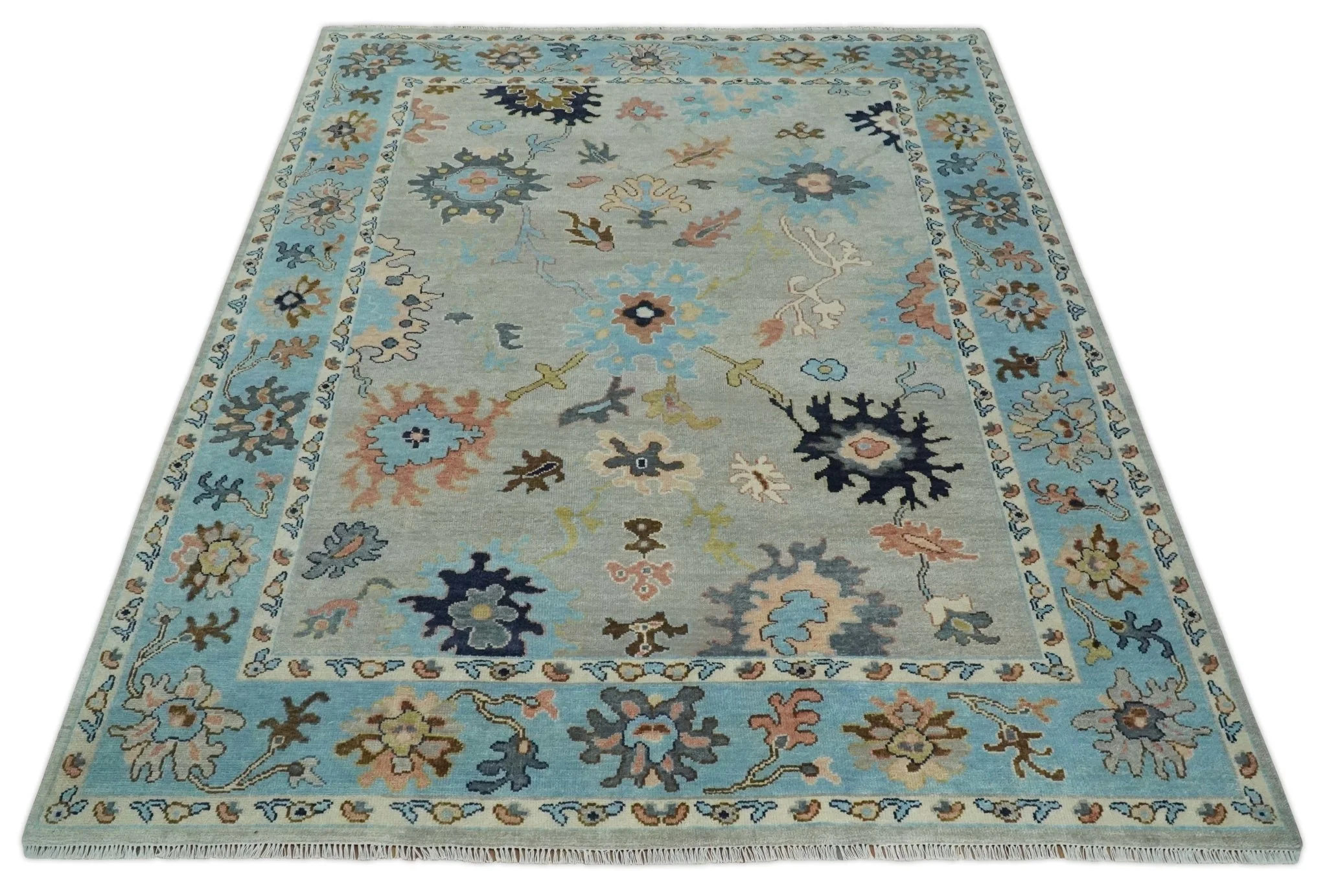 Antique Style 9x12 Wool Traditional Persian Gray and Blue Hand knotted Oushak Area Rug | TRDCP1074912 - Image 10