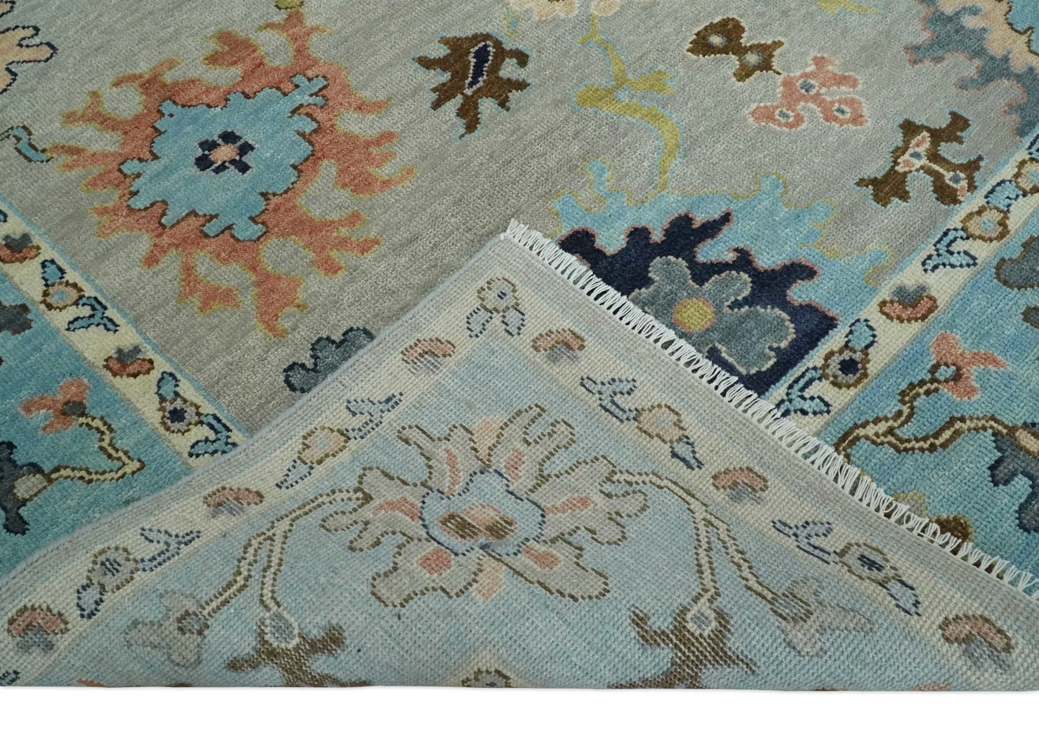 Antique Style 9x12 Wool Traditional Persian Gray and Blue Hand knotted Oushak Area Rug | TRDCP1074912 - Image 6