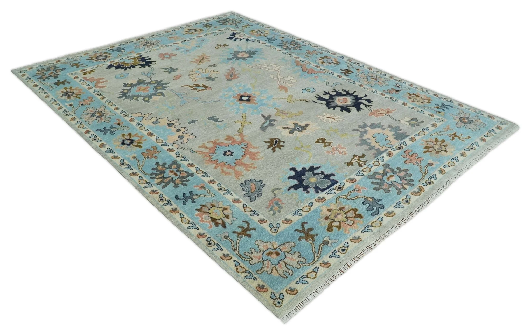 Antique Style 9x12 Wool Traditional Persian Gray and Blue Hand knotted Oushak Area Rug | TRDCP1074912 - Image 9