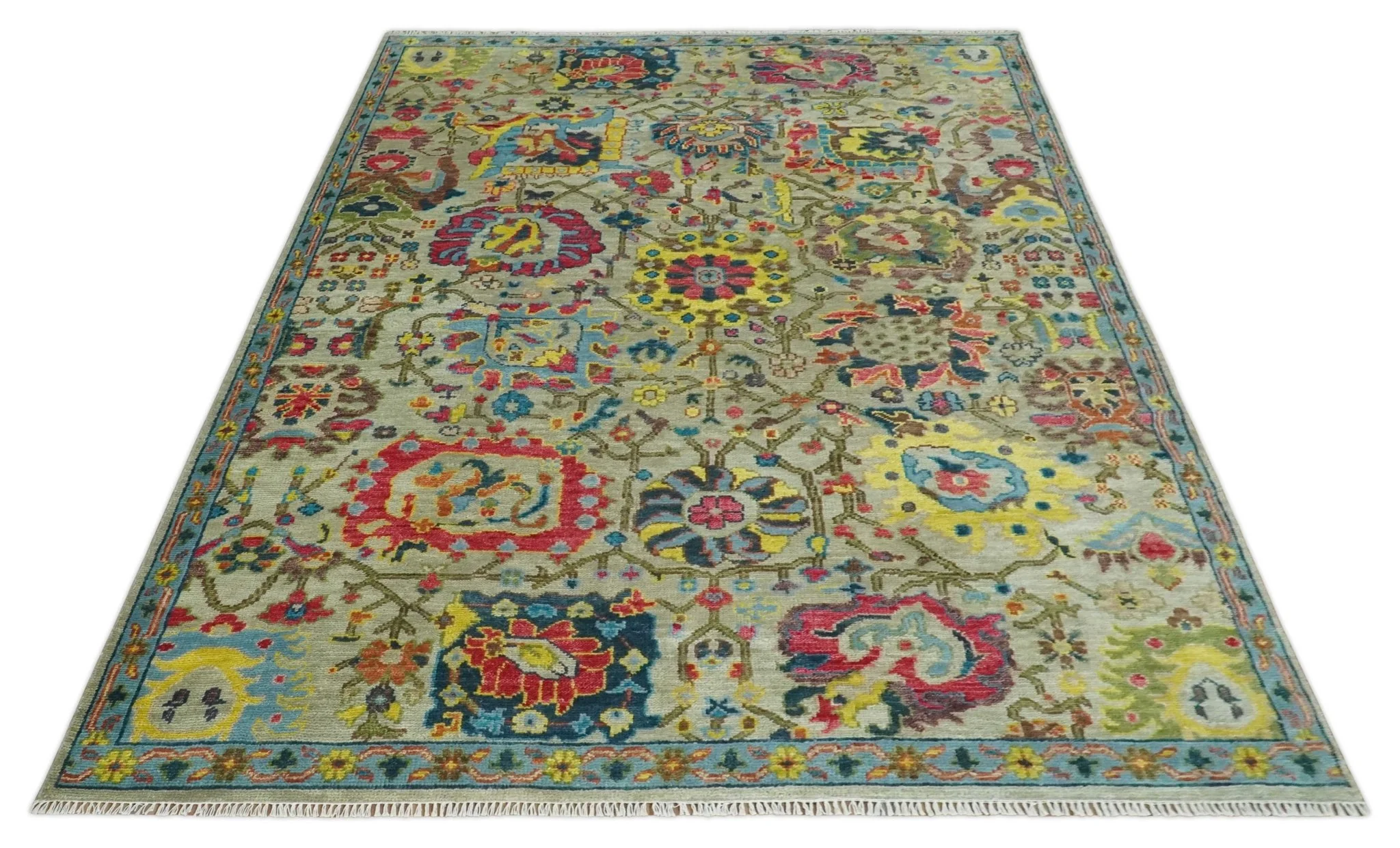 9x12 Wool Traditional Persian Olive and Blue Vibrant Colorful Hand knotted Oushak Area Rug | TRDCP1098912S - Image 10
