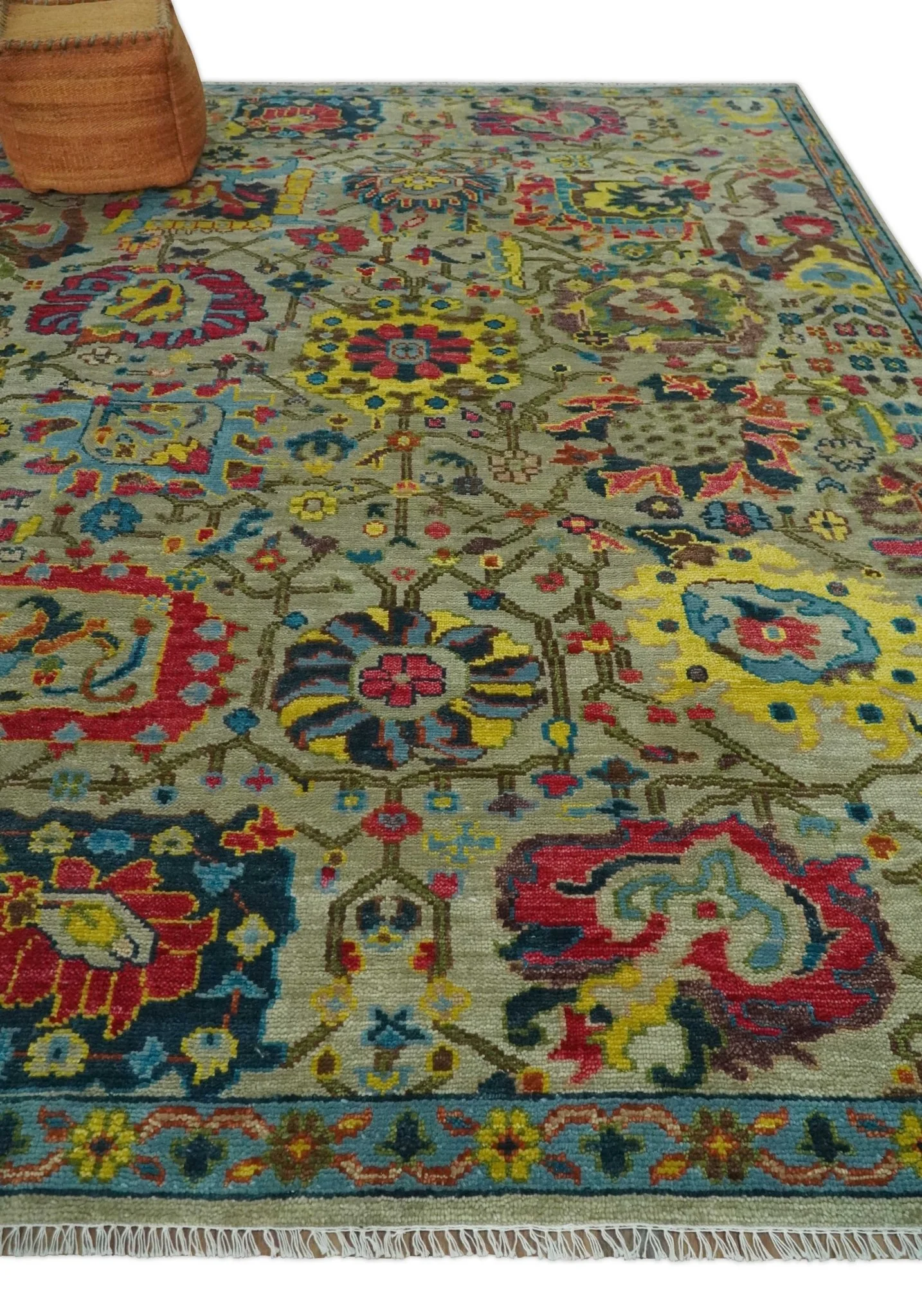 9x12 Wool Traditional Persian Olive and Blue Vibrant Colorful Hand knotted Oushak Area Rug | TRDCP1098912S - Image 3
