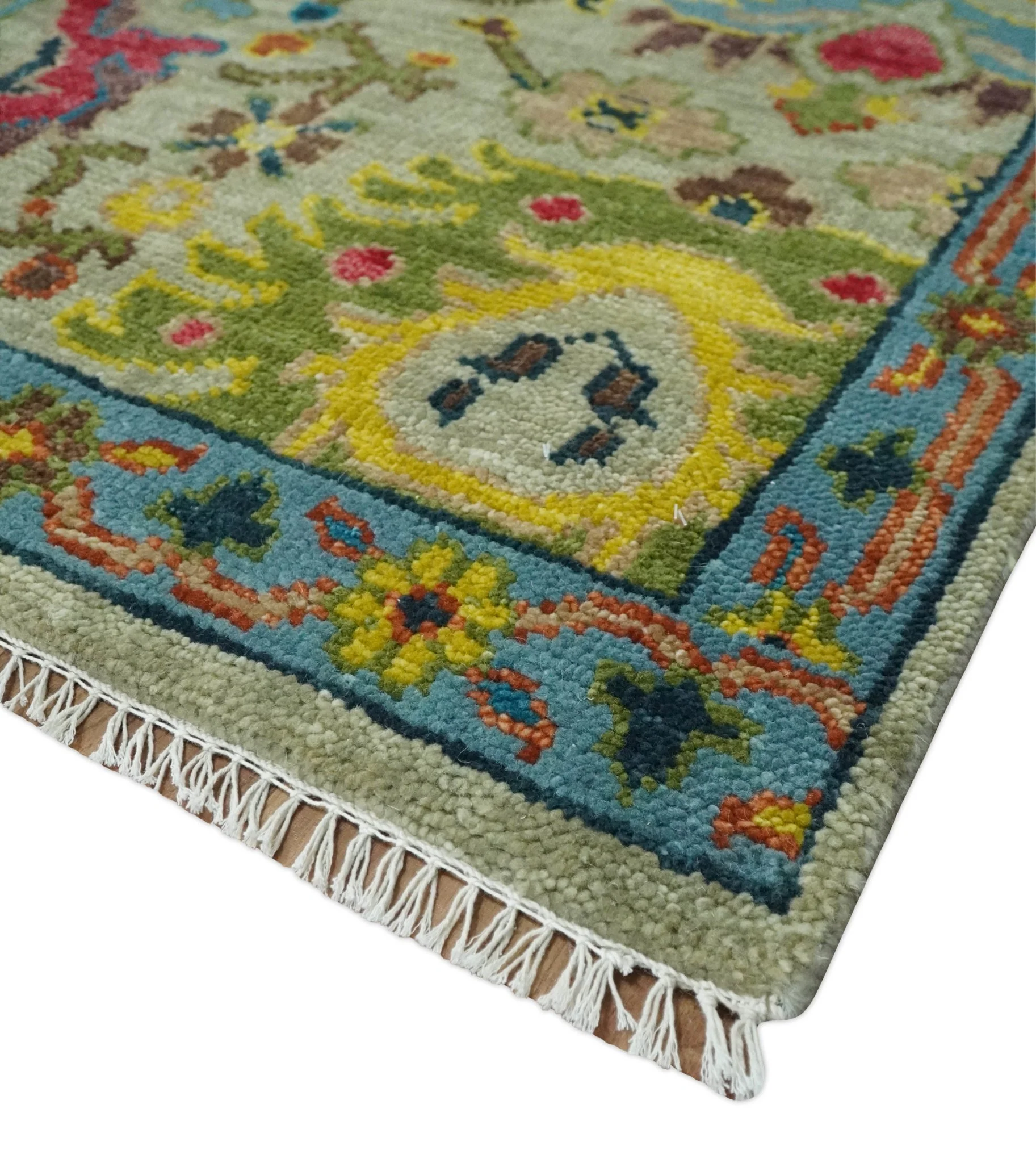9x12 Wool Traditional Persian Olive and Blue Vibrant Colorful Hand knotted Oushak Area Rug | TRDCP1098912S - Image 5