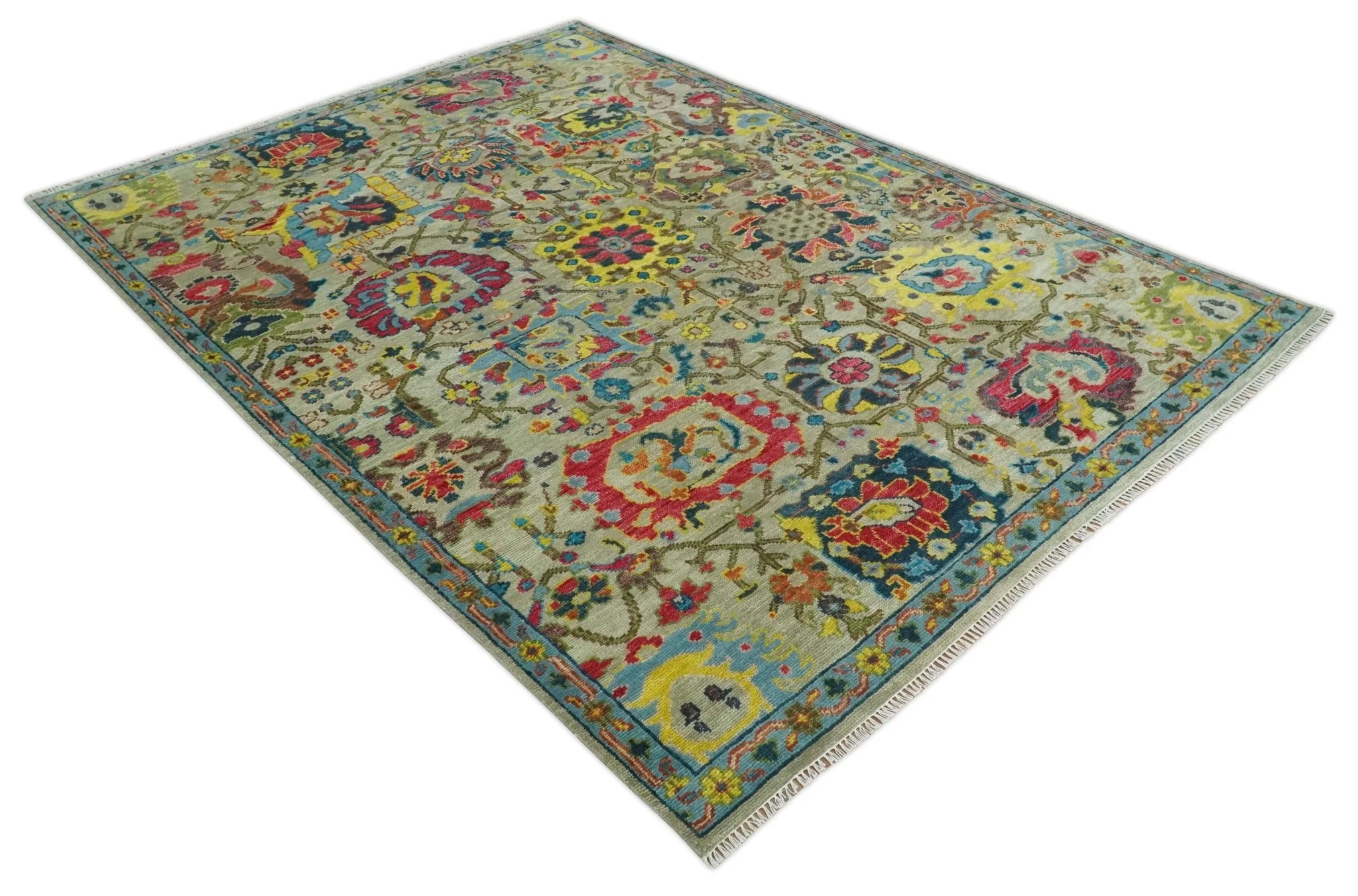 9x12 Wool Traditional Persian Olive and Blue Vibrant Colorful Hand knotted Oushak Area Rug | TRDCP1098912S - Image 9