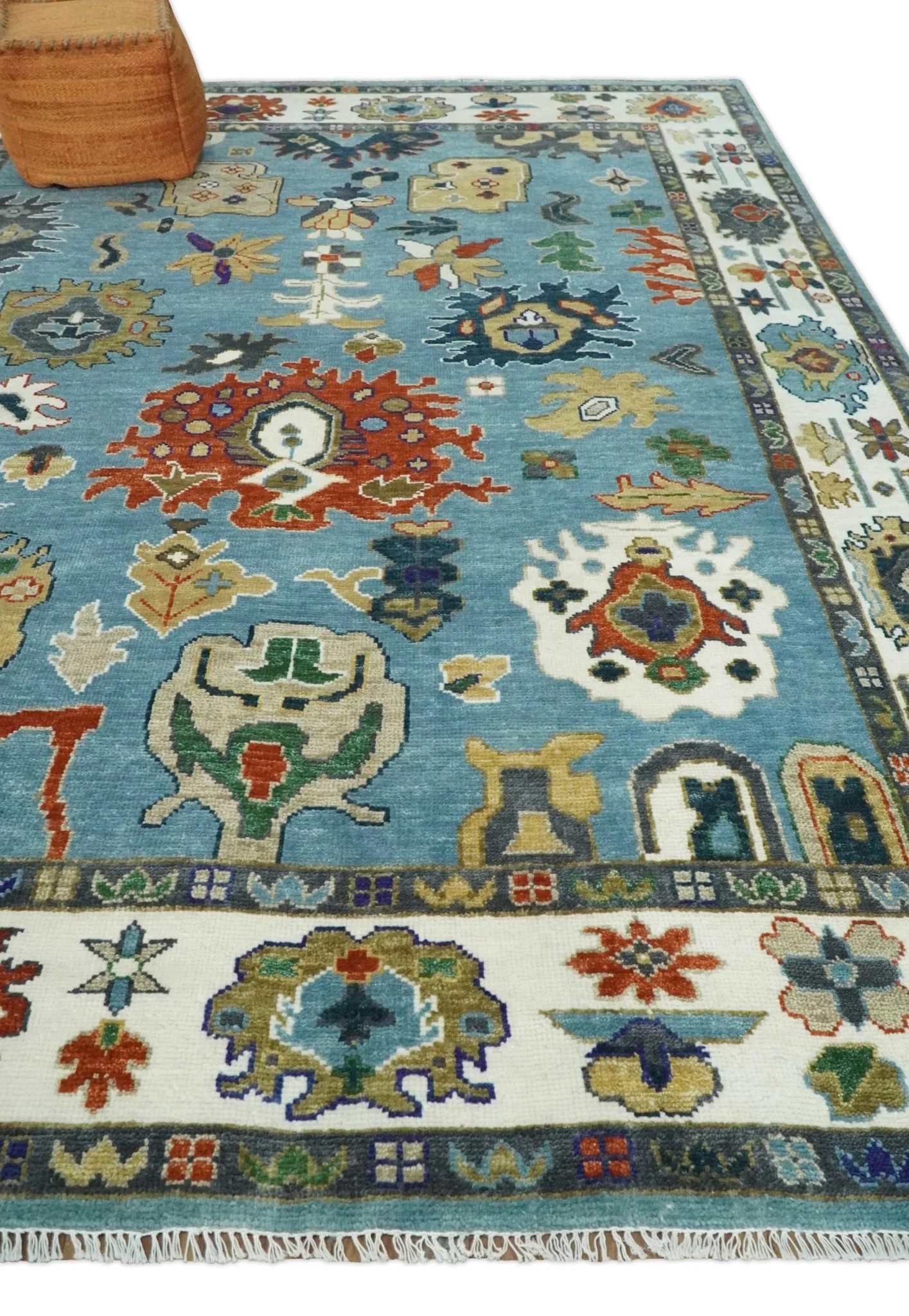 9x12 Wool Traditional Persian Blue and Ivory Colorful Hand knotted Oushak Area Rug | TRDCP1067912 - Image 3