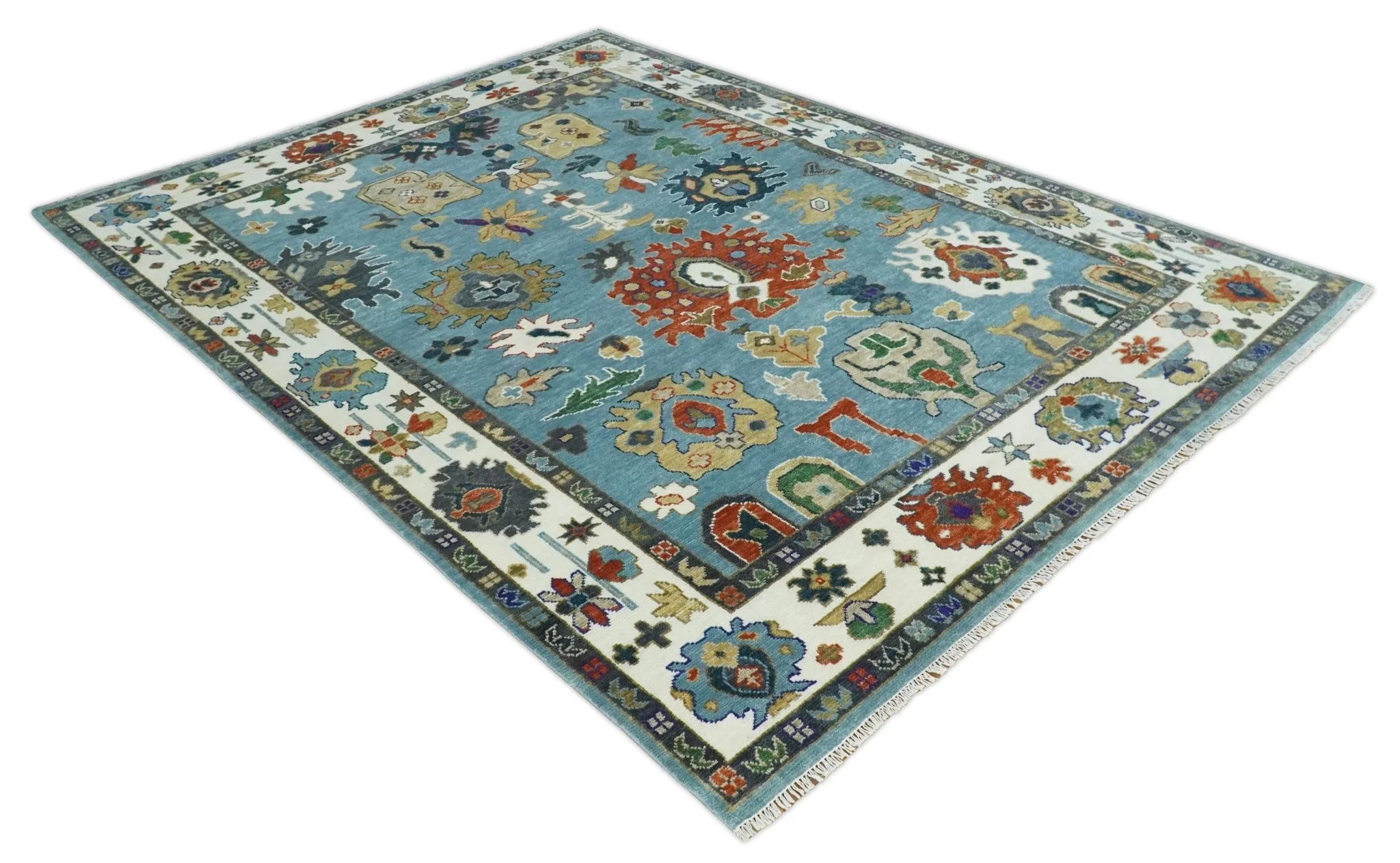9x12 Wool Traditional Persian Blue and Ivory Colorful Hand knotted Oushak Area Rug | TRDCP1067912 - Image 4