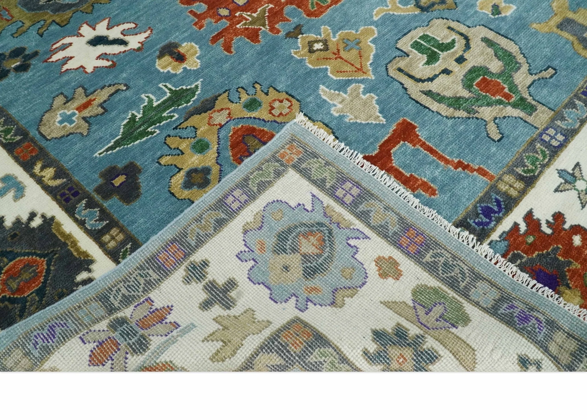 9x12 Wool Traditional Persian Blue and Ivory Colorful Hand knotted Oushak Area Rug | TRDCP1067912 - Image 7