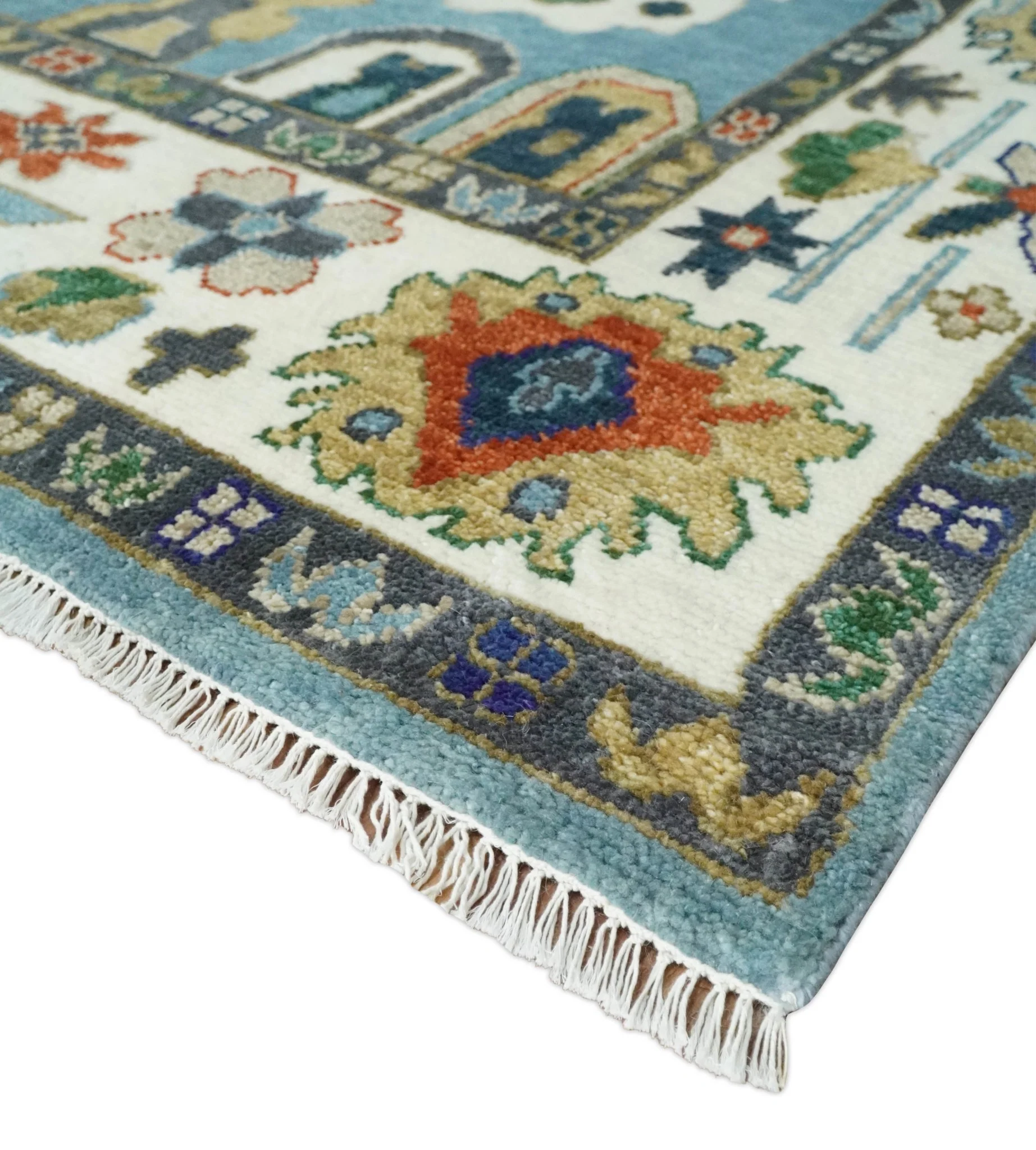 9x12 Wool Traditional Persian Blue and Ivory Colorful Hand knotted Oushak Area Rug | TRDCP1067912 - Image 8