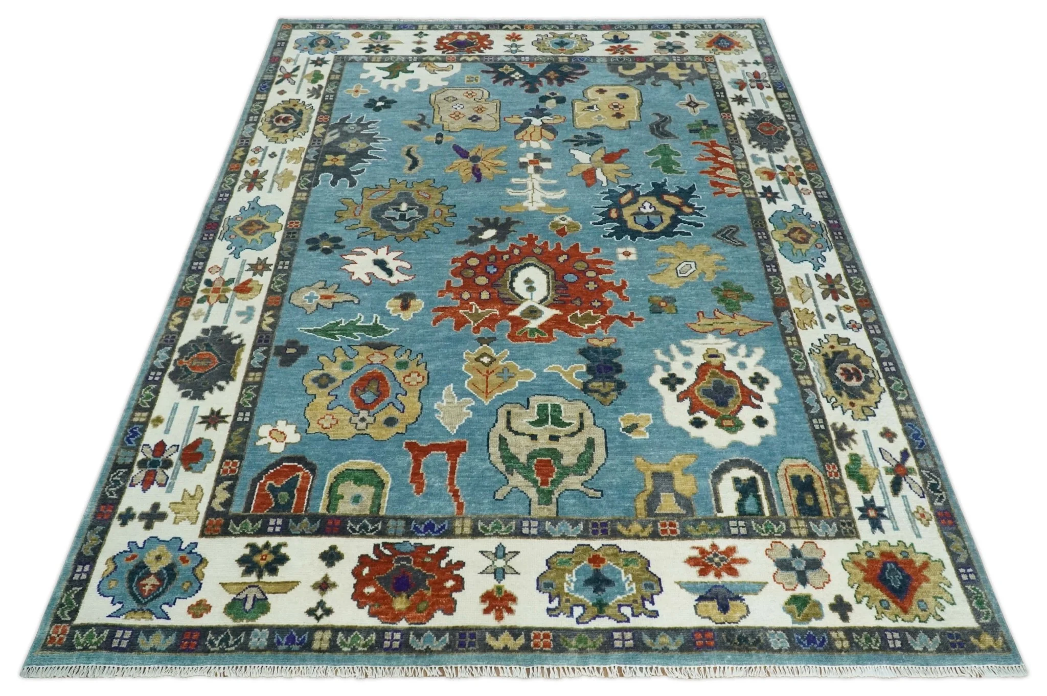 9x12 Wool Traditional Persian Blue and Ivory Colorful Hand knotted Oushak Area Rug | TRDCP1067912 - Image 9