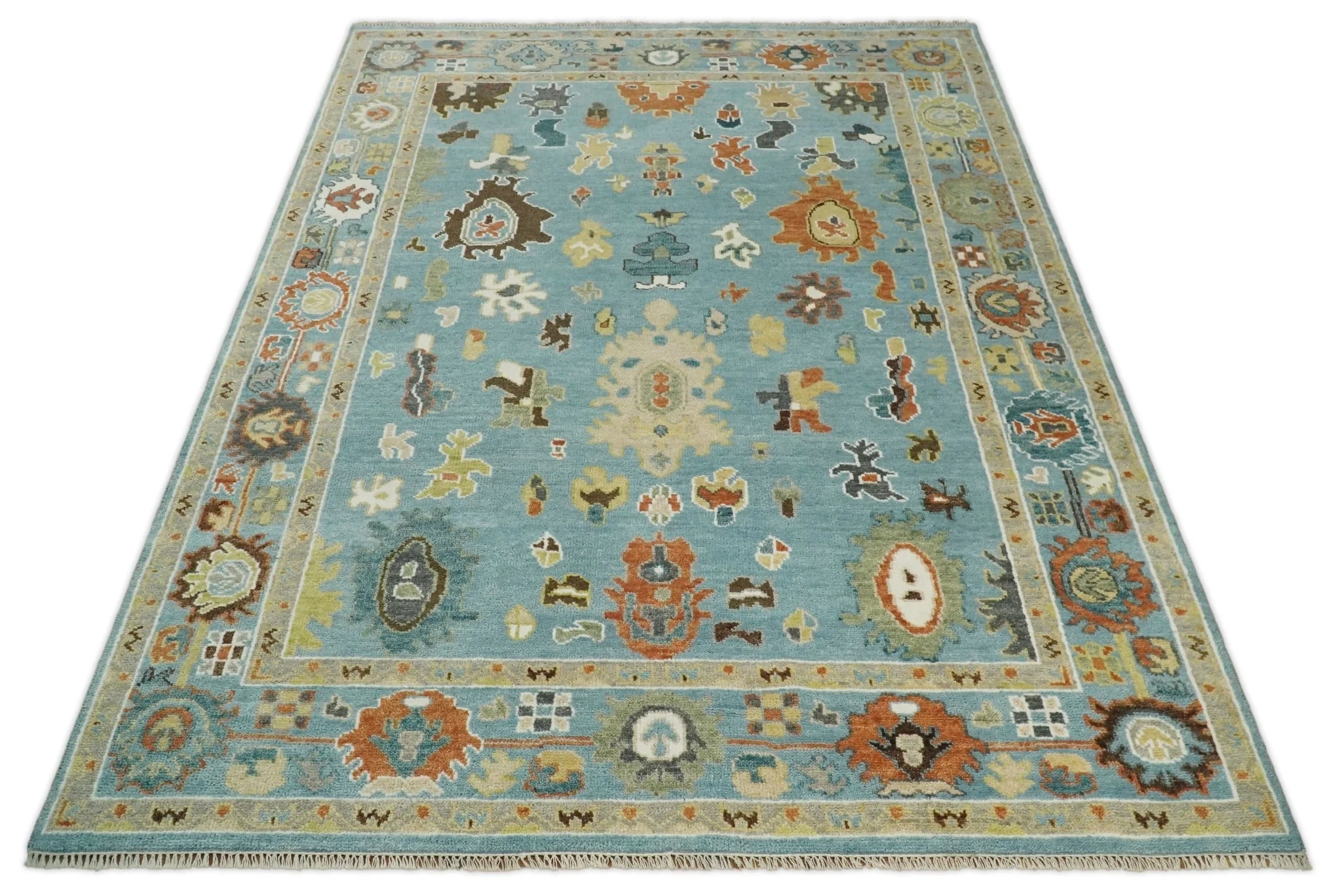 9x12 Hand Knotted Blue and Beige Traditional Vintage Persian Oushak Antique Wool Rug | TRDCP607912 - Image 10