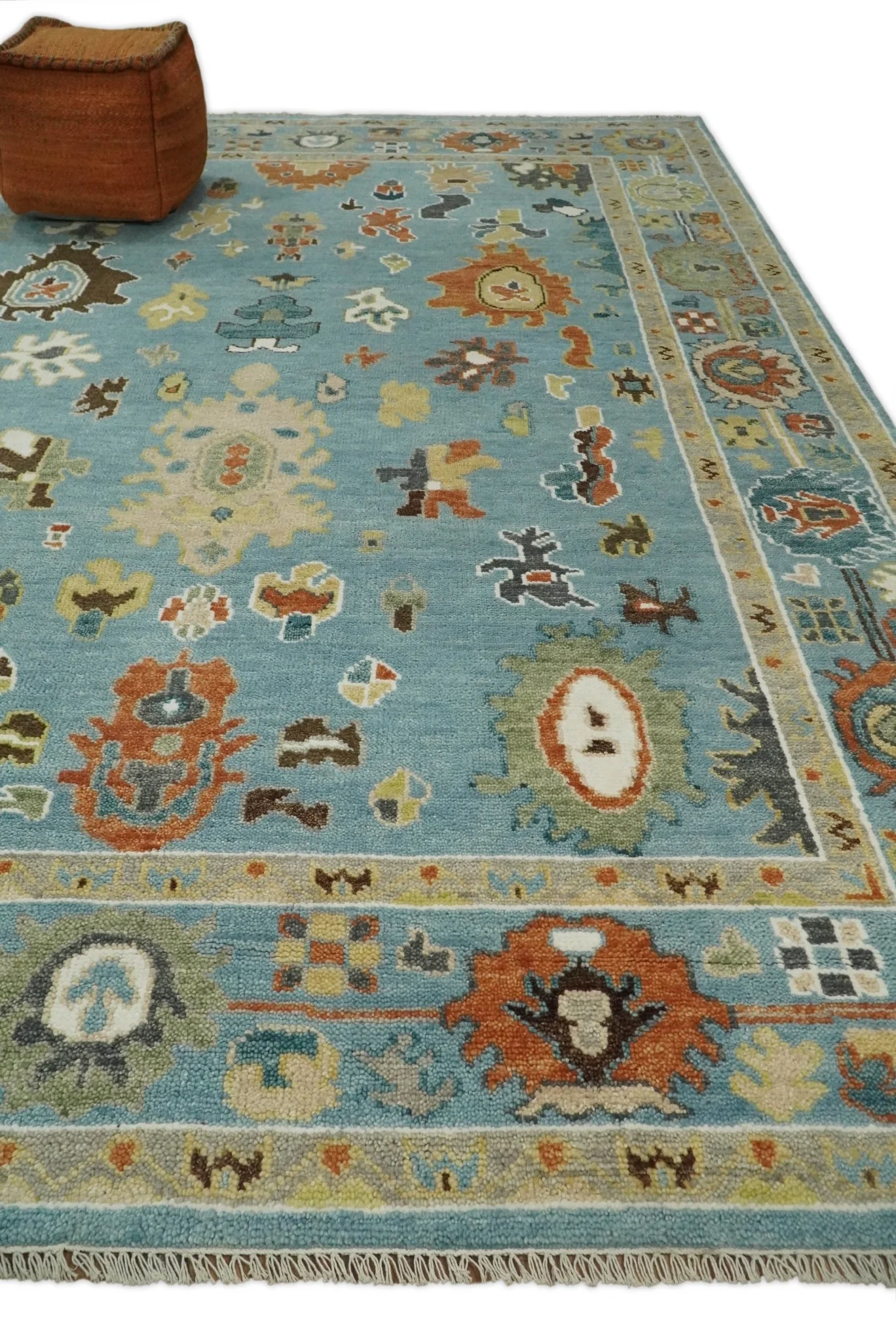 9x12 Hand Knotted Blue and Beige Traditional Vintage Persian Oushak Antique Wool Rug | TRDCP607912 - Image 3
