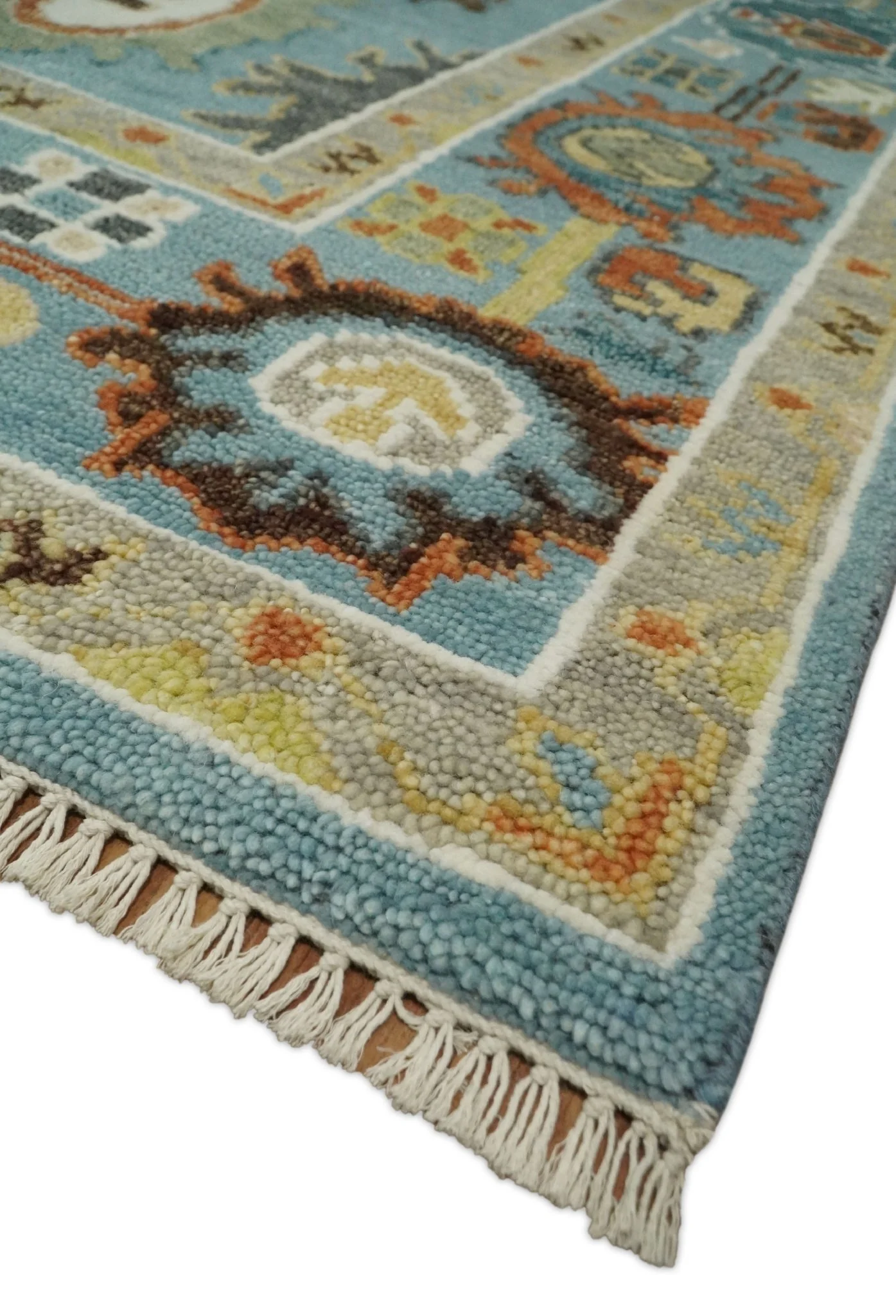 9x12 Hand Knotted Blue and Beige Traditional Vintage Persian Oushak Antique Wool Rug | TRDCP607912 - Image 5