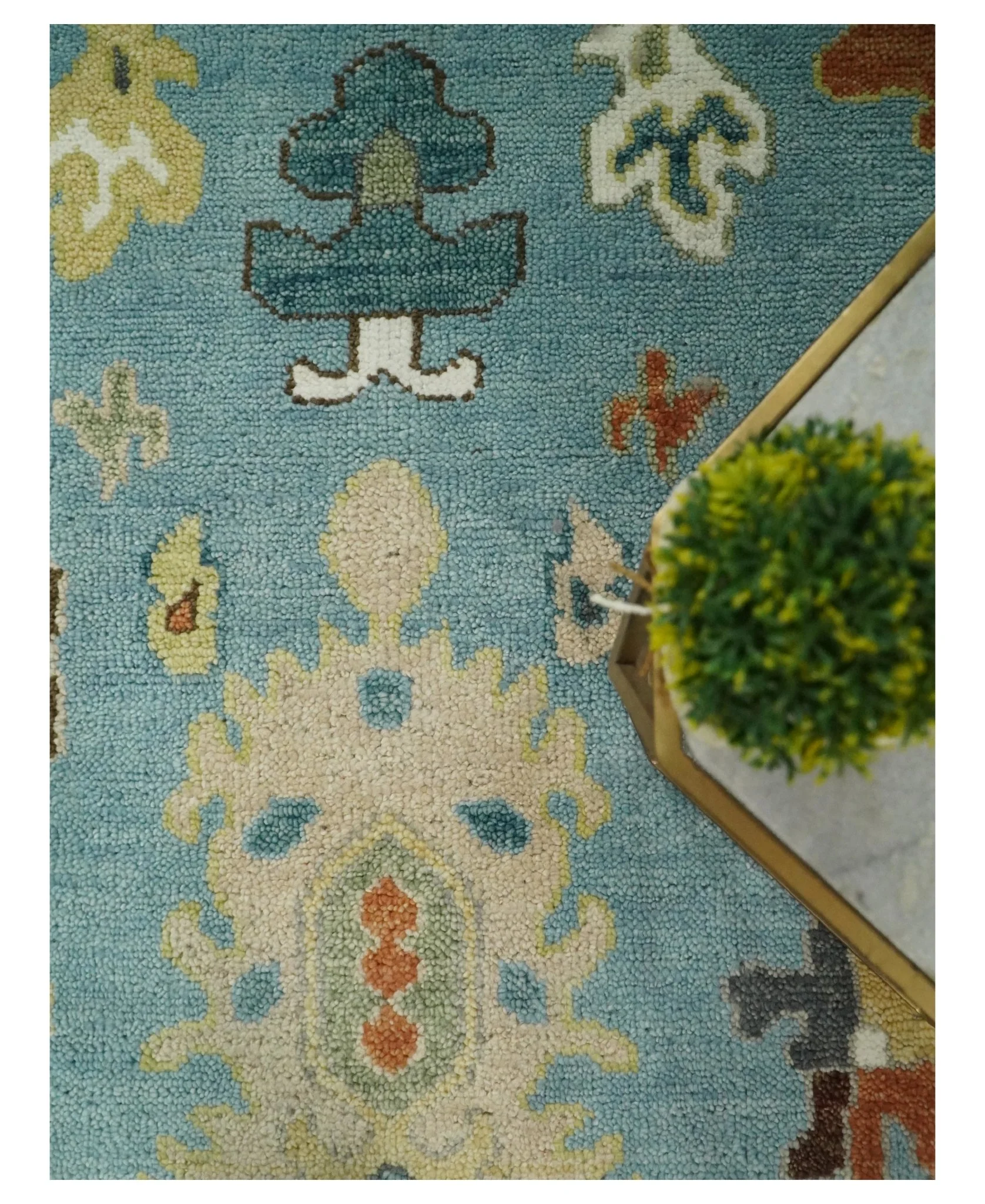 9x12 Hand Knotted Blue and Beige Traditional Vintage Persian Oushak Antique Wool Rug | TRDCP607912 - Image 6
