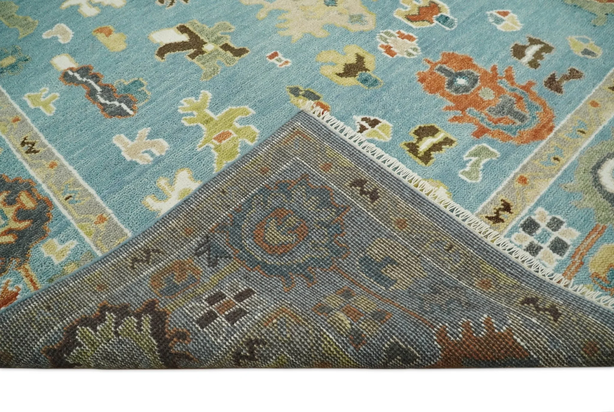 9x12 Hand Knotted Blue and Beige Traditional Vintage Persian Oushak Antique Wool Rug | TRDCP607912 - Image 7