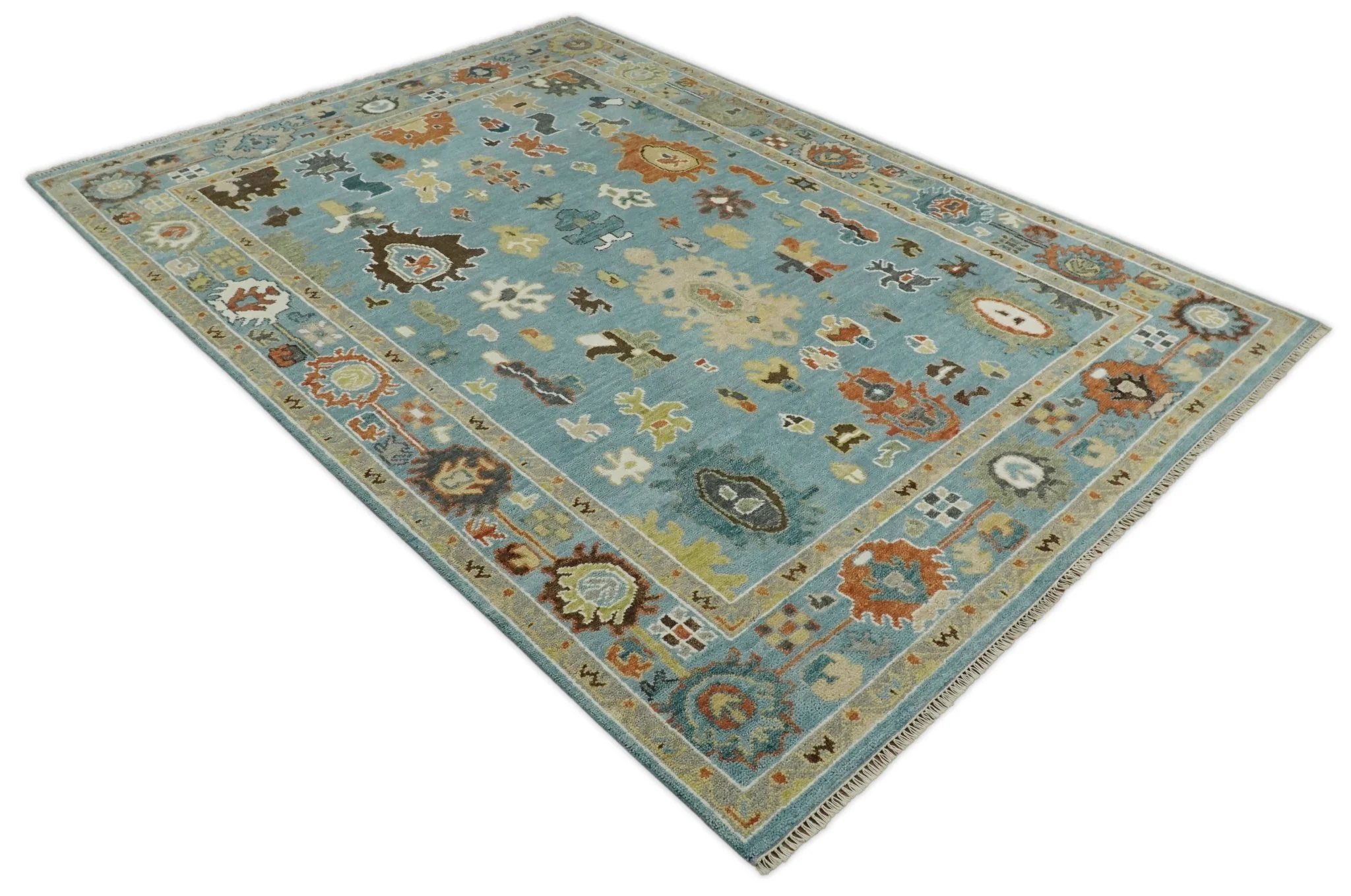 9x12 Hand Knotted Blue and Beige Traditional Vintage Persian Oushak Antique Wool Rug | TRDCP607912 - Image 9