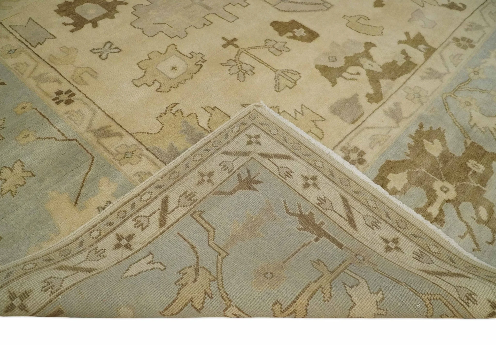 Antique Style Fine 9x13 Hand Knotted Beige, Silver and Brown Traditional Wool Rug - Image 7