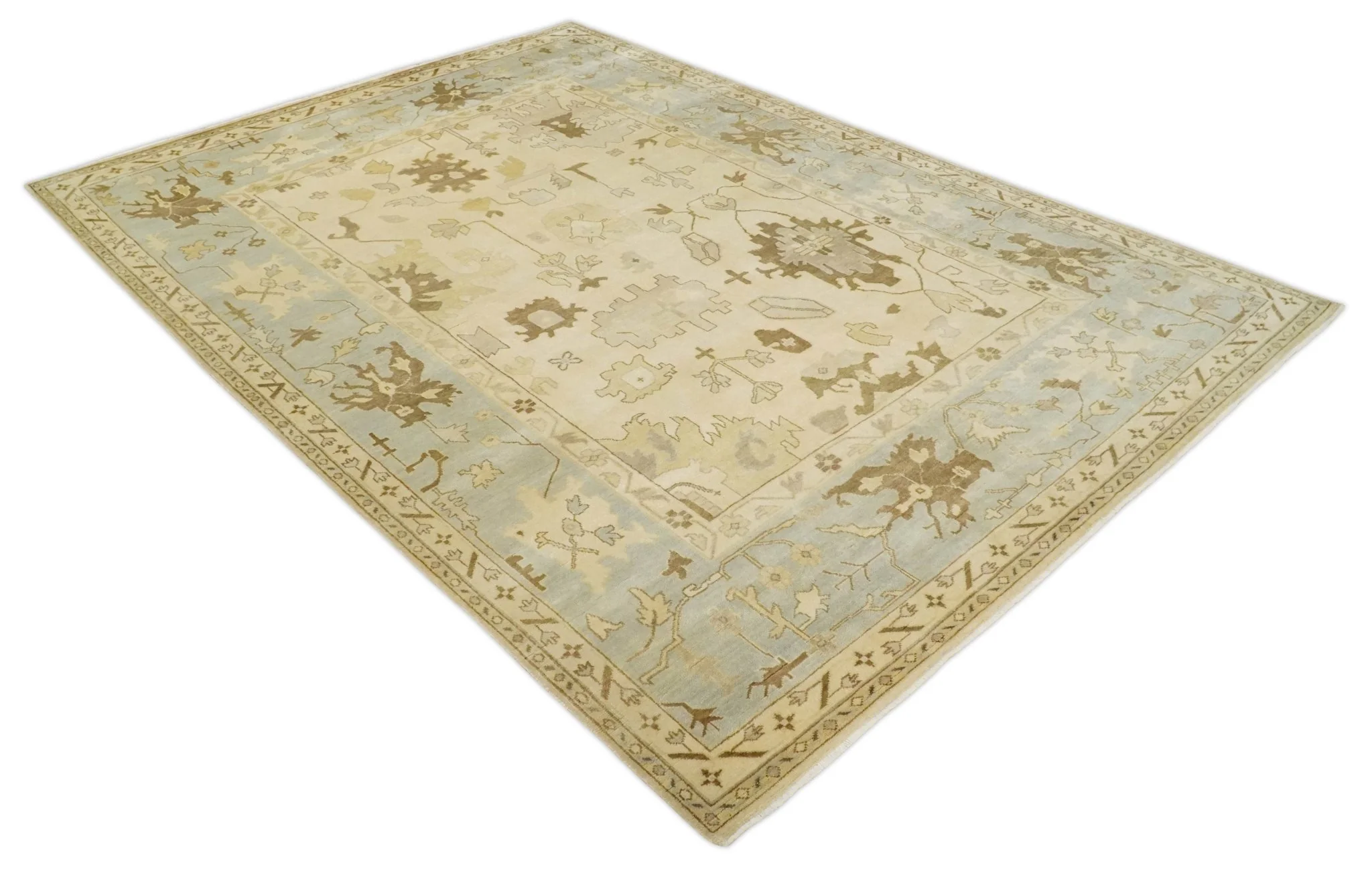 Antique Style Fine 9x13 Hand Knotted Beige, Silver and Brown Traditional Wool Rug - Image 9