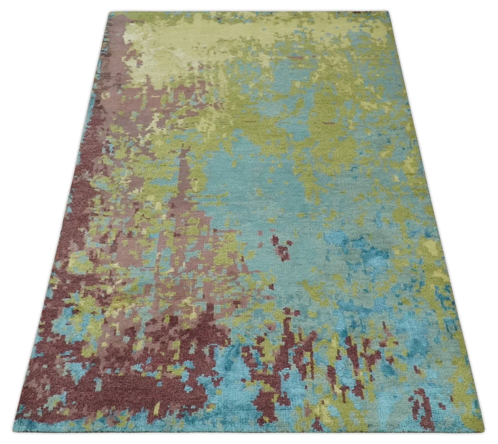 5x8 Modern Abstract Aqua, Olive and Brown Hand Knotted wool Area Rug - Image 10