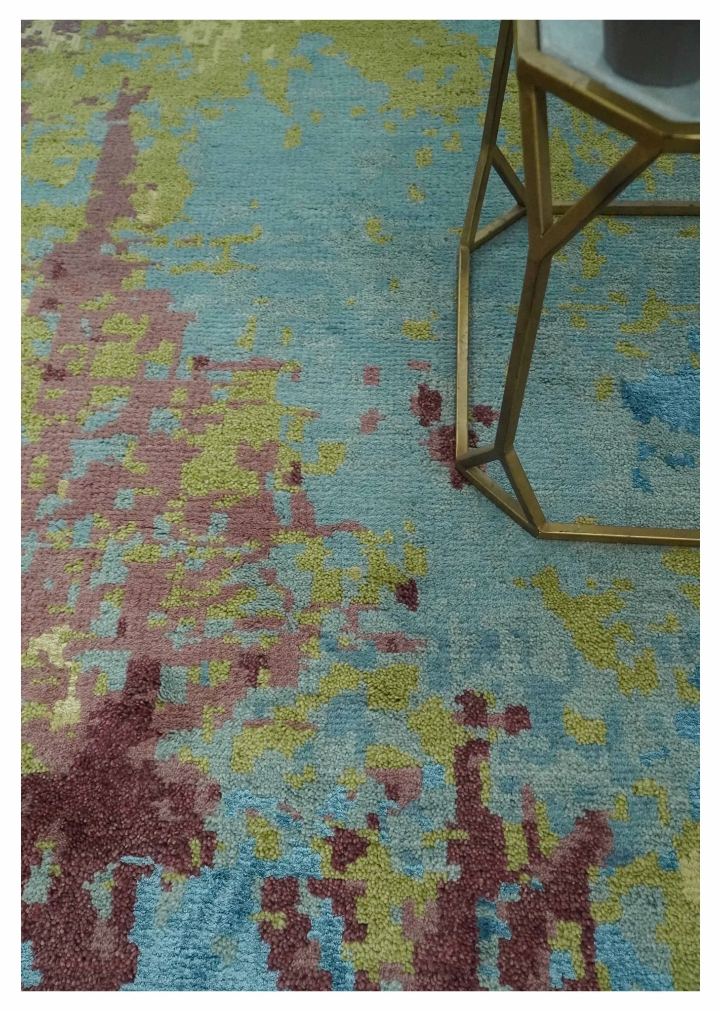 5x8 Modern Abstract Aqua, Olive and Brown Hand Knotted wool Area Rug - Image 2