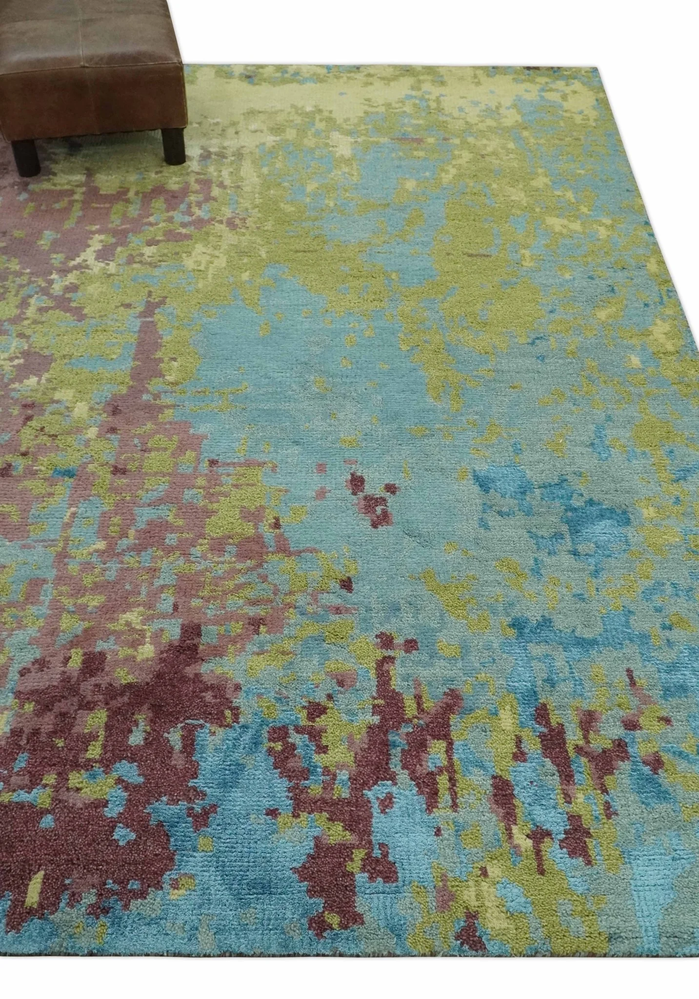 5x8 Modern Abstract Aqua, Olive and Brown Hand Knotted wool Area Rug - Image 3