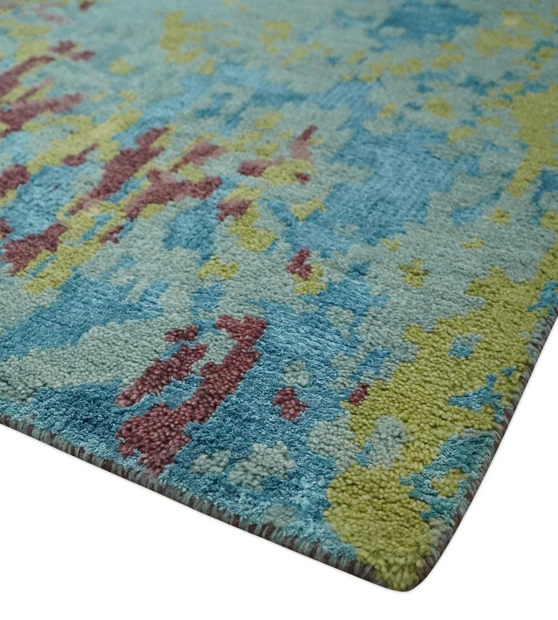 5x8 Modern Abstract Aqua, Olive and Brown Hand Knotted wool Area Rug - Image 5