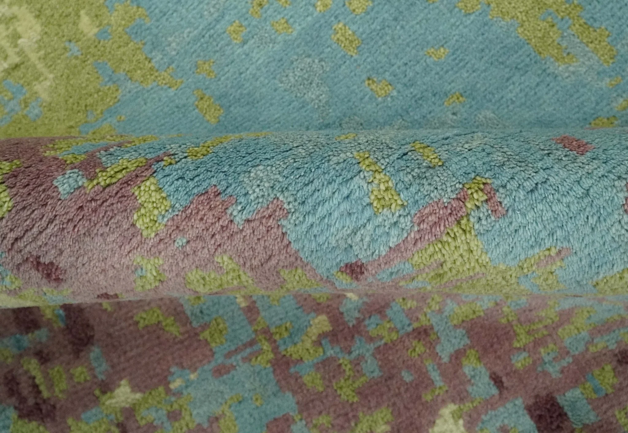 5x8 Modern Abstract Aqua, Olive and Brown Hand Knotted wool Area Rug - Image 6