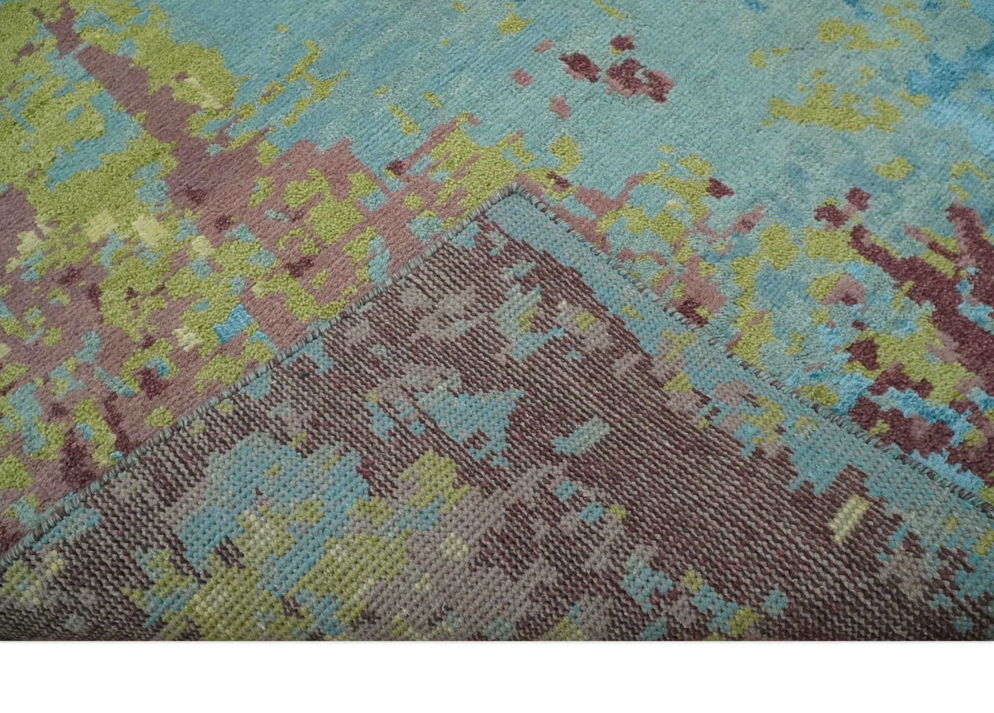 5x8 Modern Abstract Aqua, Olive and Brown Hand Knotted wool Area Rug - Image 7