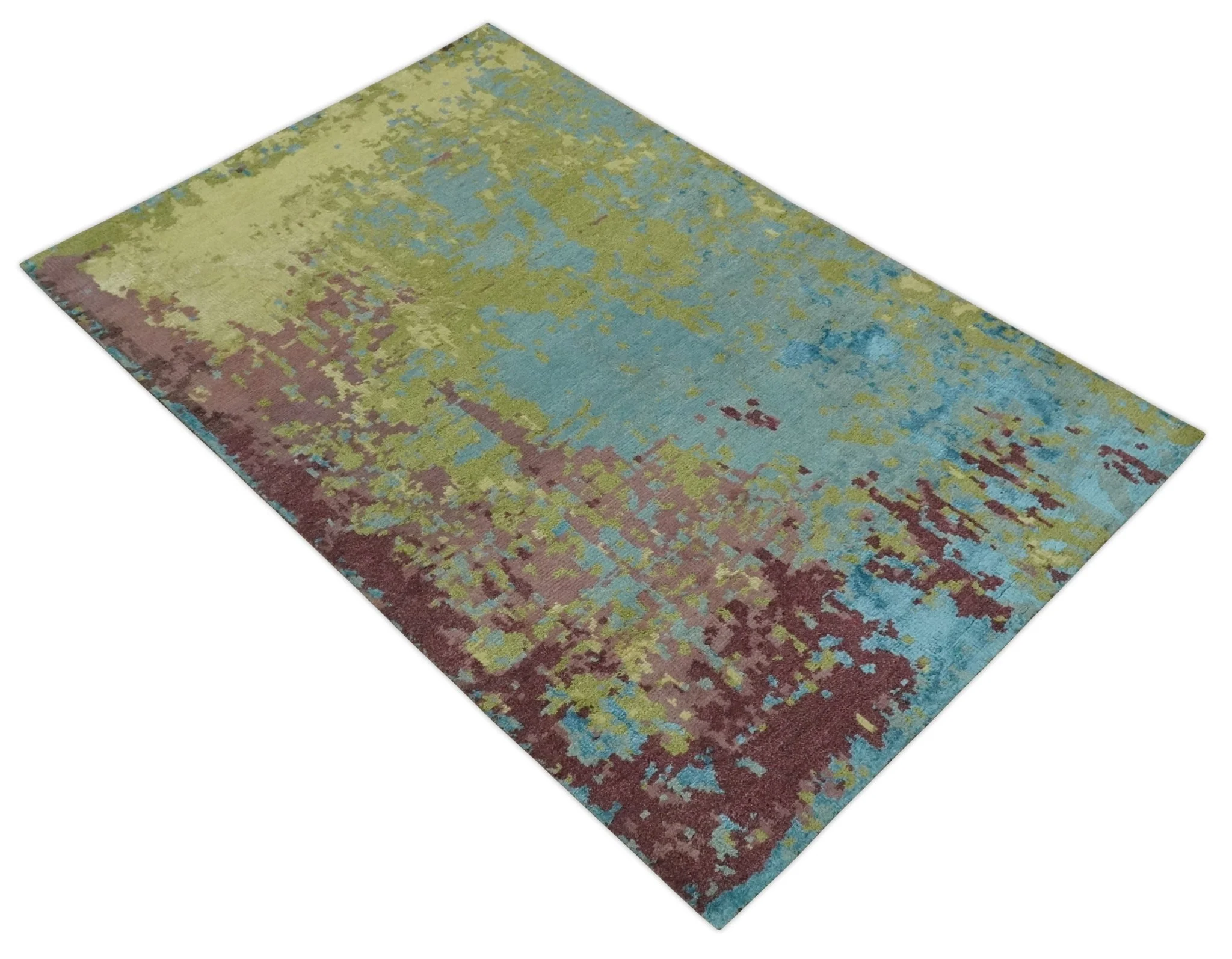 5x8 Modern Abstract Aqua, Olive and Brown Hand Knotted wool Area Rug - Image 9