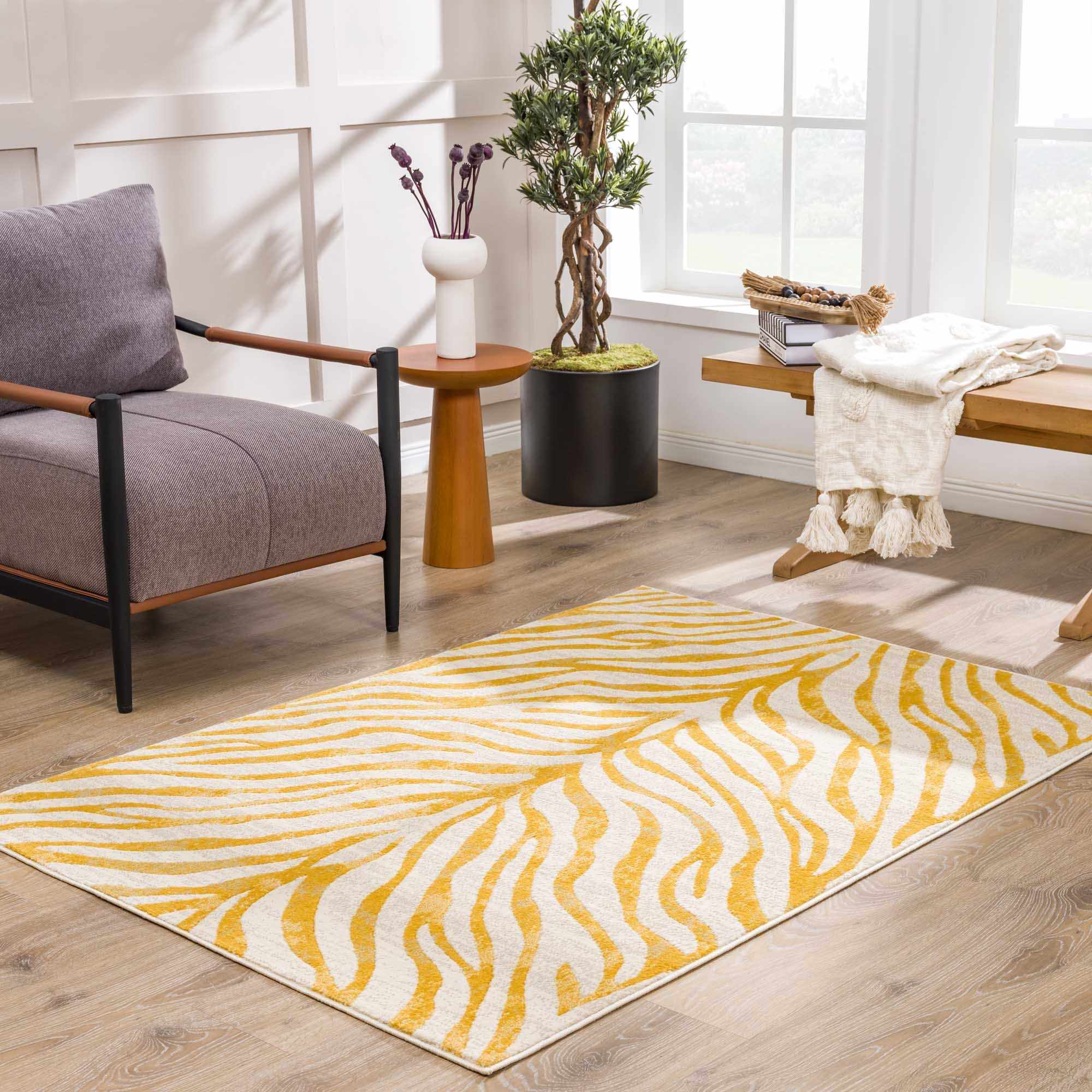 Contemporary Abstract Zebra pattern Beige and Gold Medium pile Area Rug - Image 14