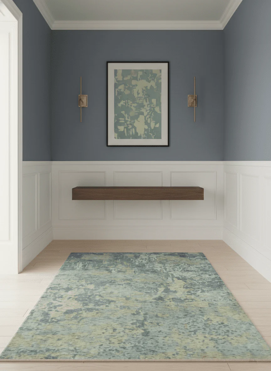 Modern Abstract Beige, Gray and Silver Hand loom 5x8 Wool and Viscose Area Rug - Image 2