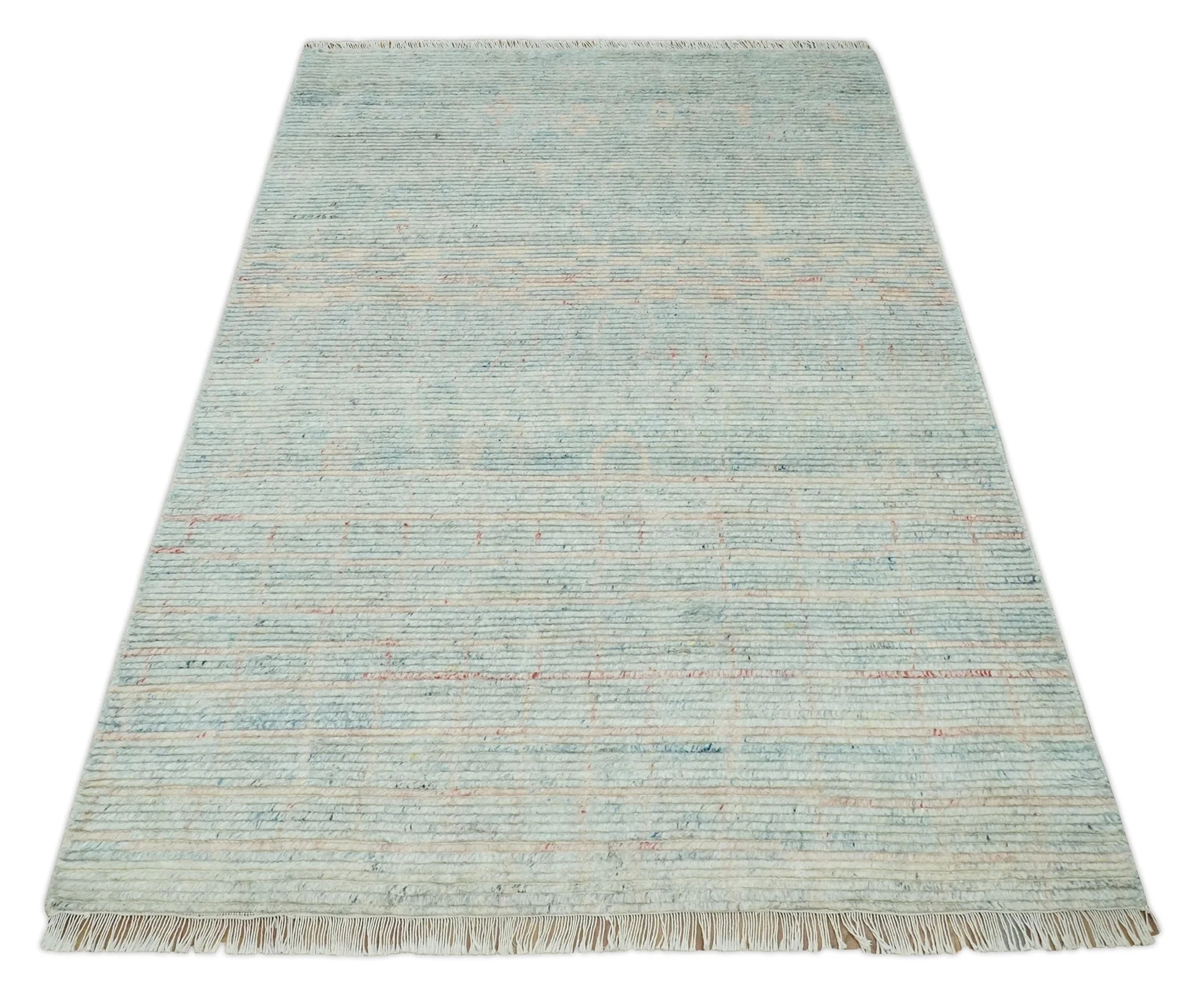 Hand Knotted Modern Abstract Blue and Peach Trellis Moroccan Made with Blended Wool Multi Size Area Rug - Image 10