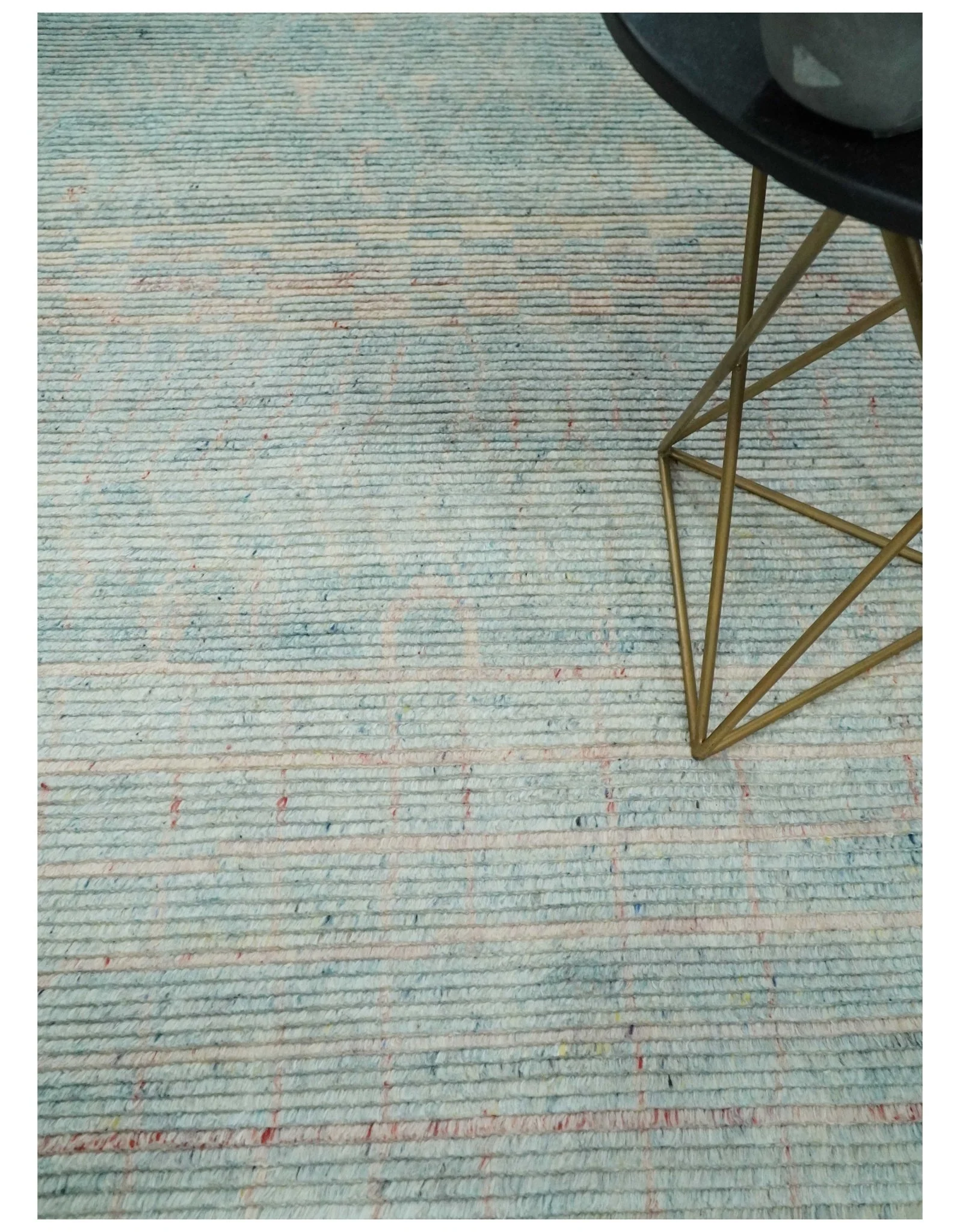 Hand Knotted Modern Abstract Blue and Peach Trellis Moroccan Made with Blended Wool Multi Size Area Rug - Image 2