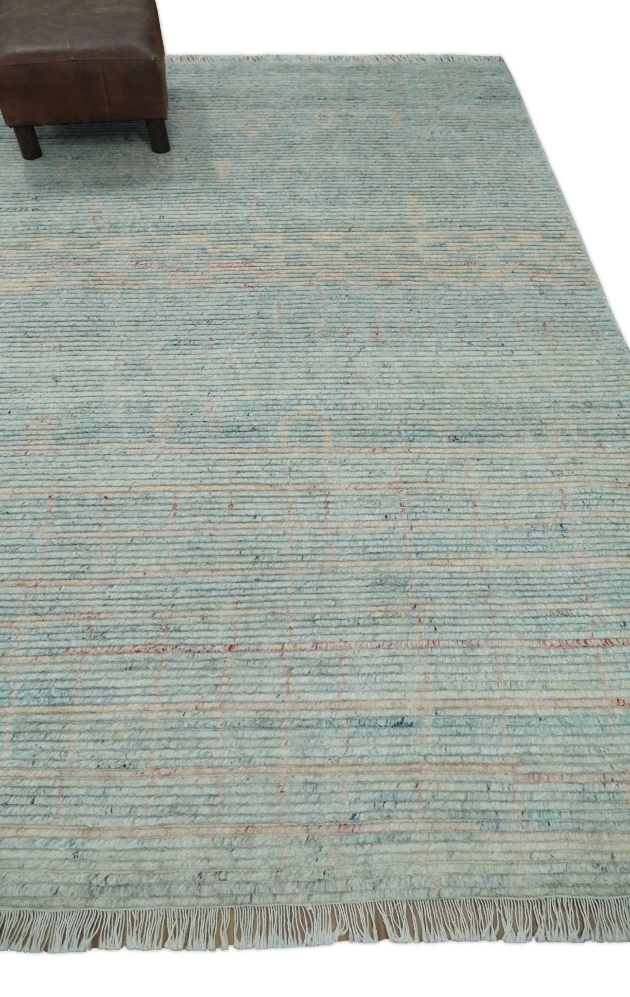 Hand Knotted Modern Abstract Blue and Peach Trellis Moroccan Made with Blended Wool Multi Size Area Rug - Image 3