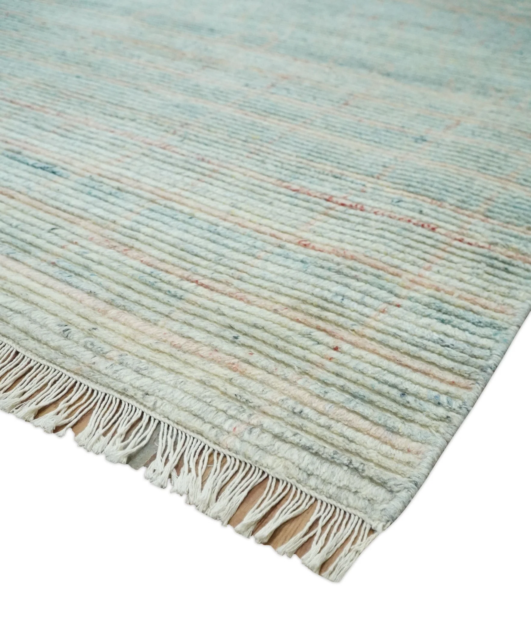 Hand Knotted Modern Abstract Blue and Peach Trellis Moroccan Made with Blended Wool Multi Size Area Rug - Image 5