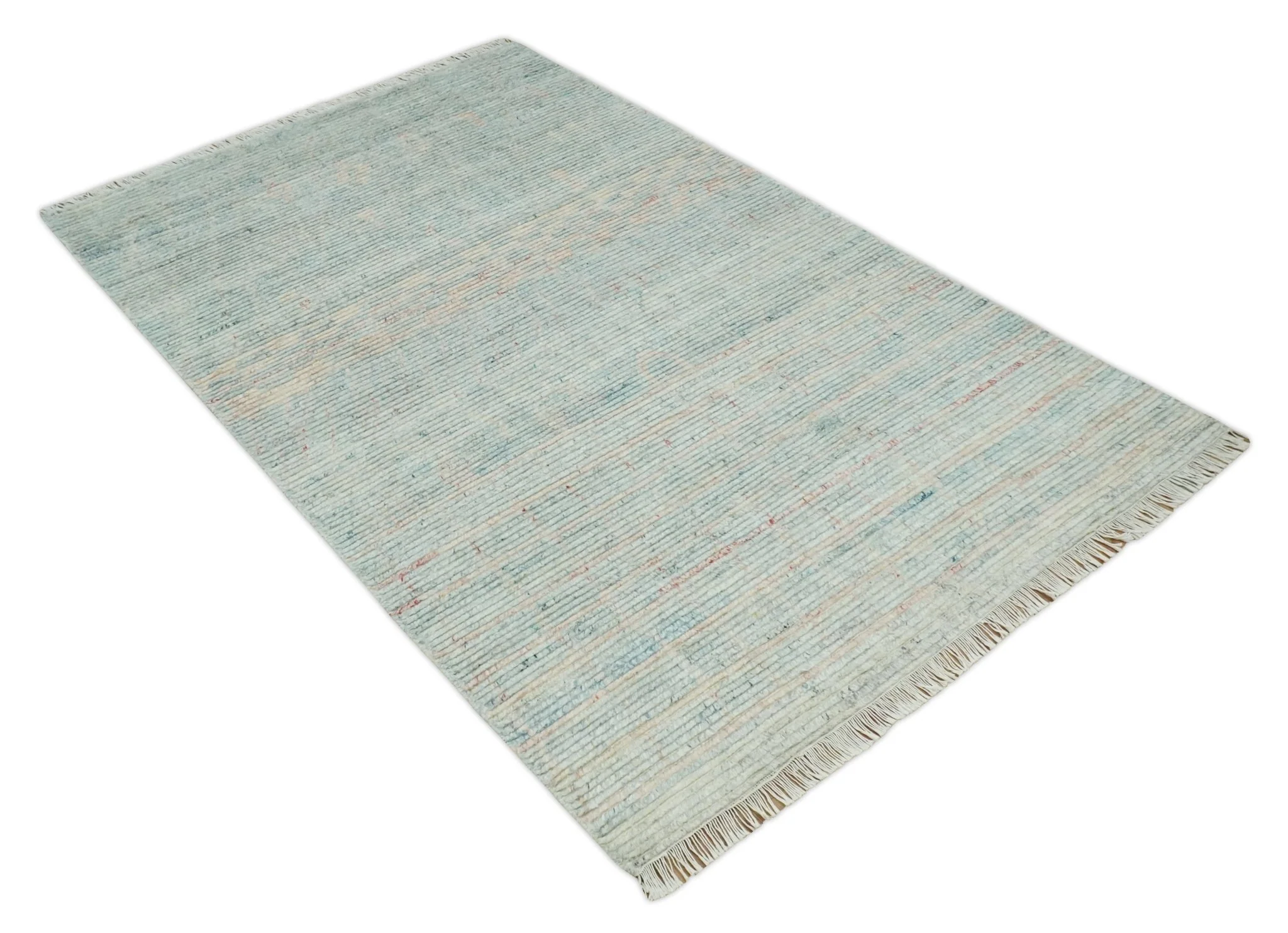 Hand Knotted Modern Abstract Blue and Peach Trellis Moroccan Made with Blended Wool Multi Size Area Rug - Image 9