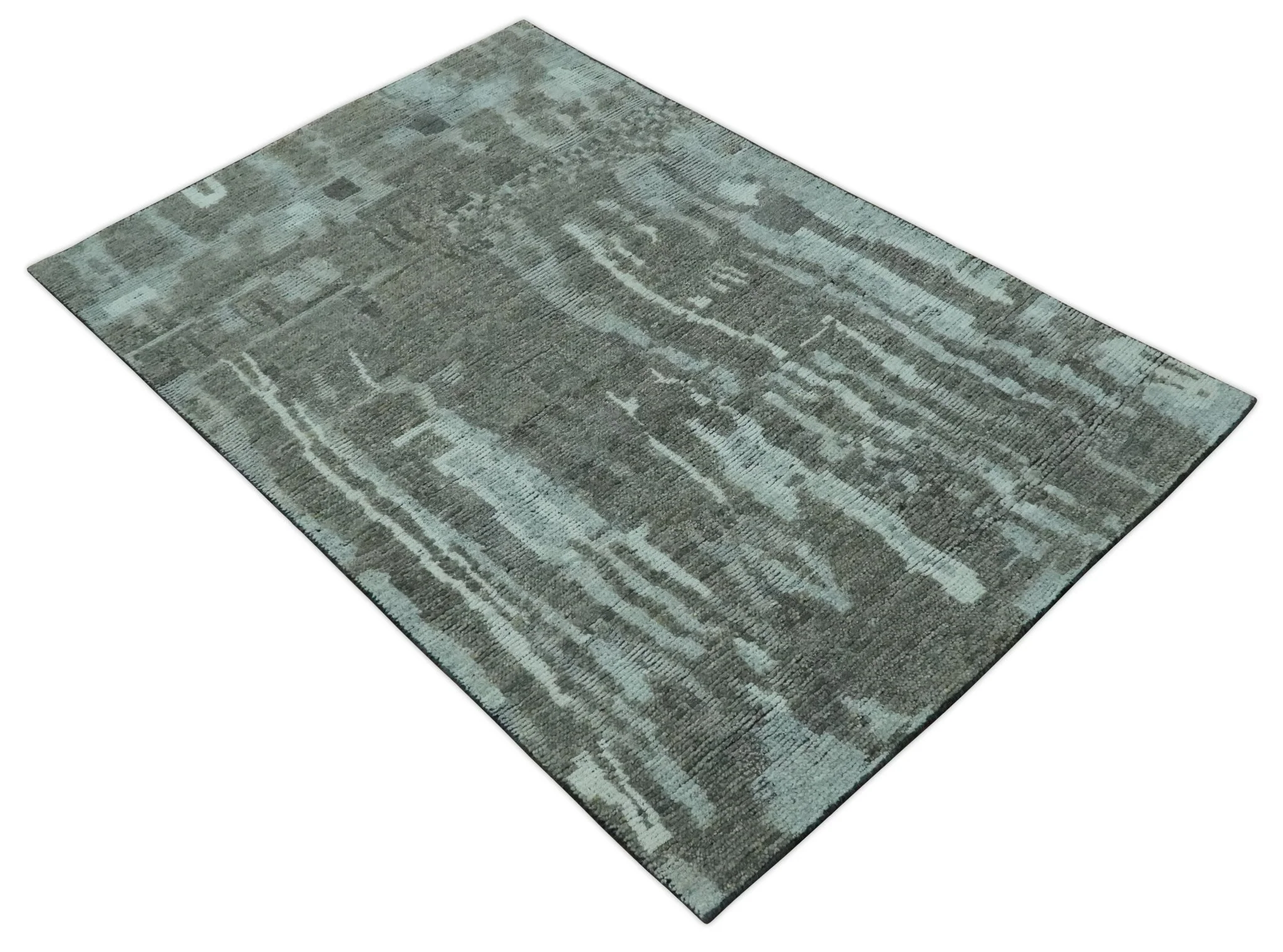 Modern abstract Charcoal and Light Blue Hand knotted 5x8 wool Area Rug - Image 10