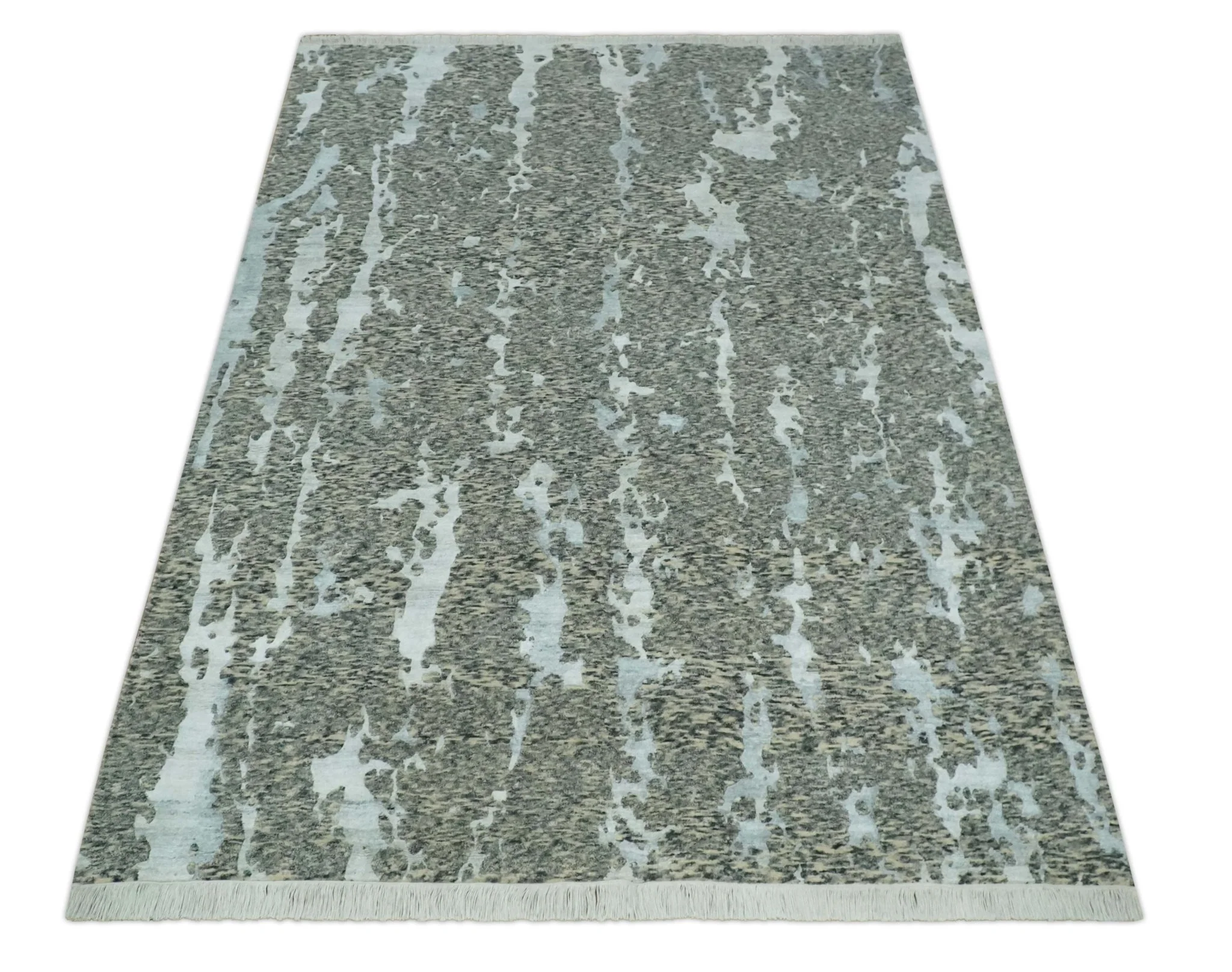 Modern Abstract Charcoal, Beige and Silver Hand Knotted 5.6x8 wool and Bamboo Silk area Rug - Image 10