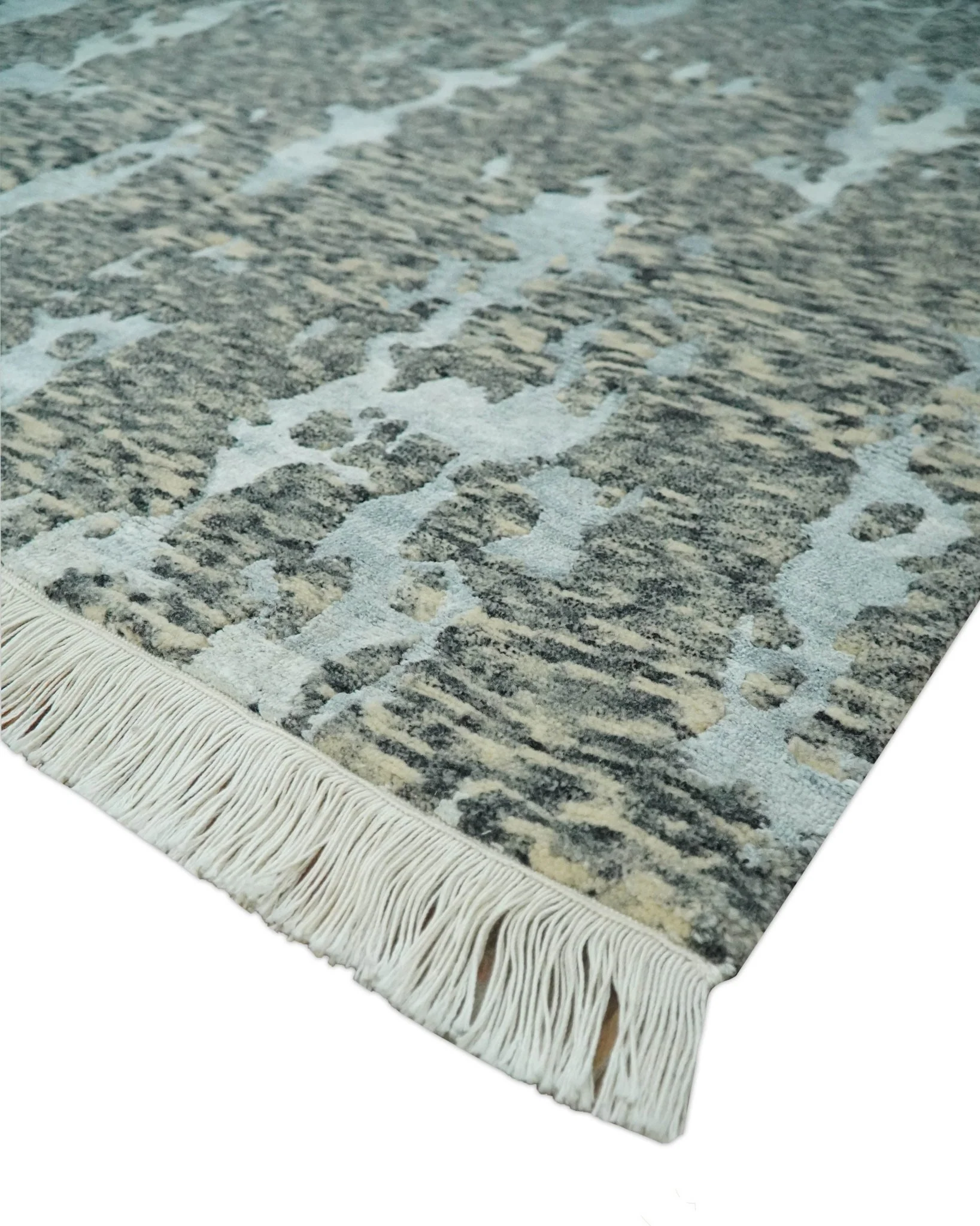 Modern Abstract Charcoal, Beige and Silver Hand Knotted 5.6x8 wool and Bamboo Silk area Rug - Image 6