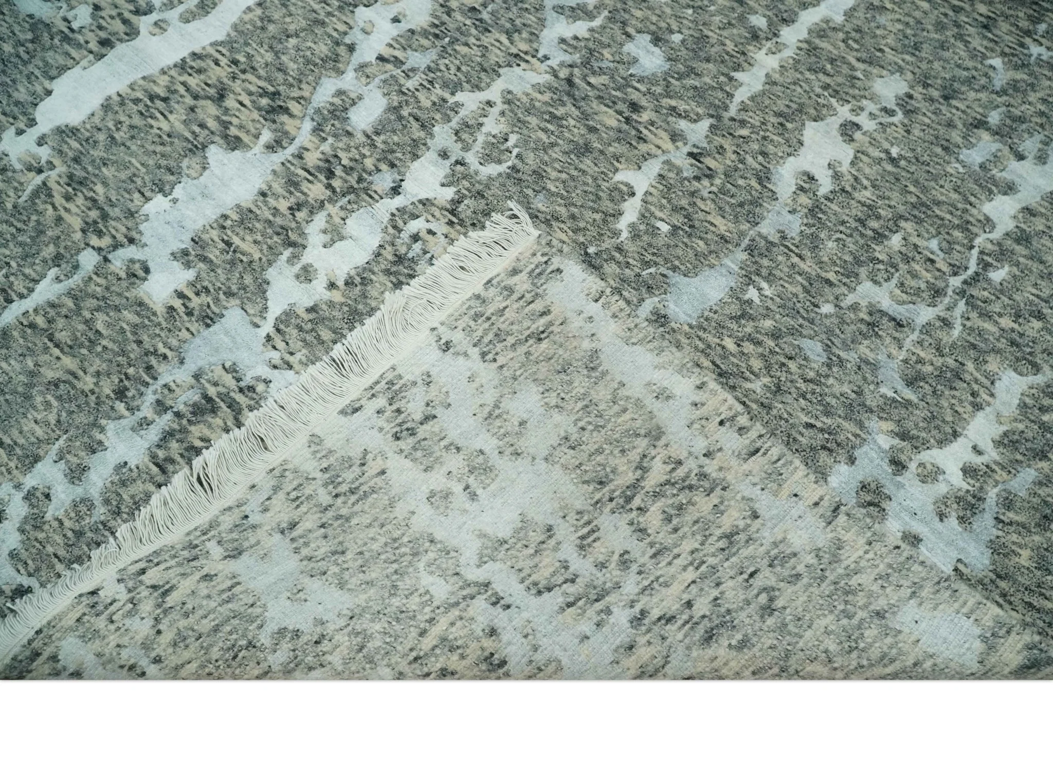 Modern Abstract Charcoal, Beige and Silver Hand Knotted 5.6x8 wool and Bamboo Silk area Rug - Image 8